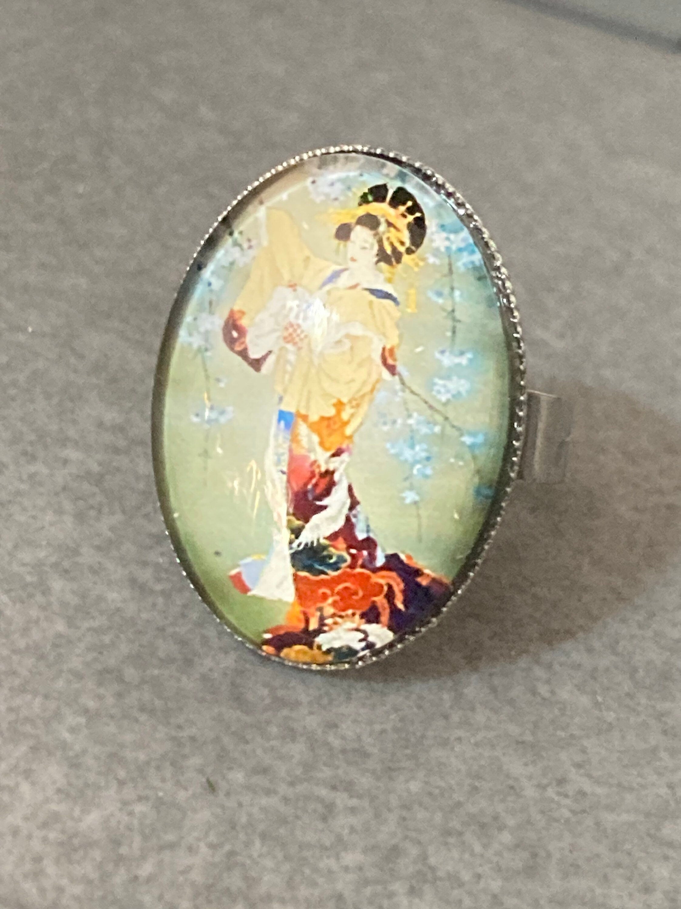 Japanese geisha girl ring oval glass cabochon ring adjustable handmade
