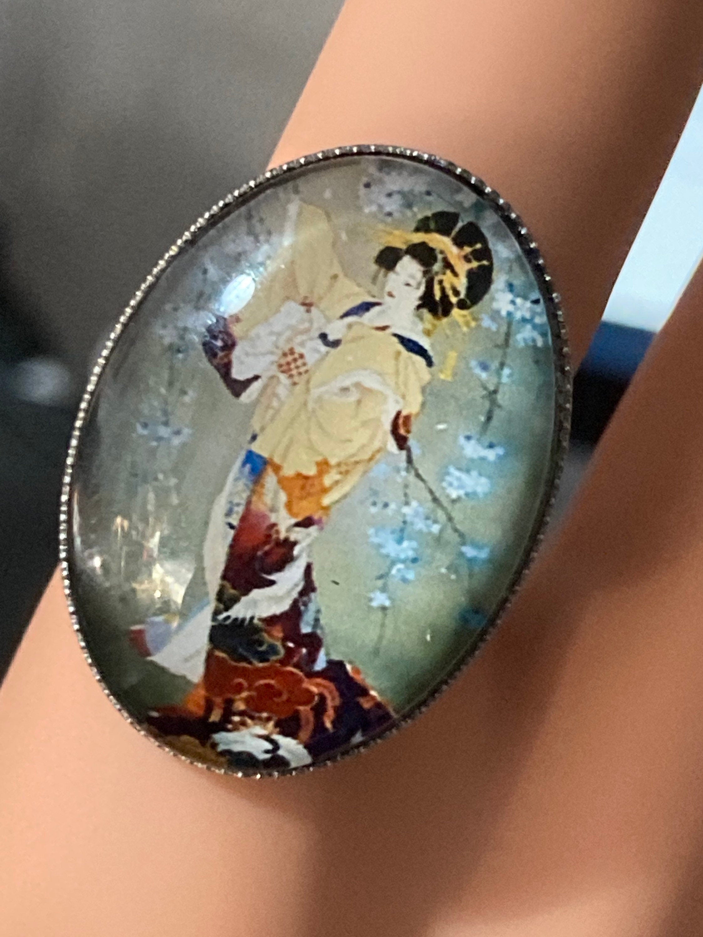 Japanese geisha girl ring oval glass cabochon ring adjustable handmade