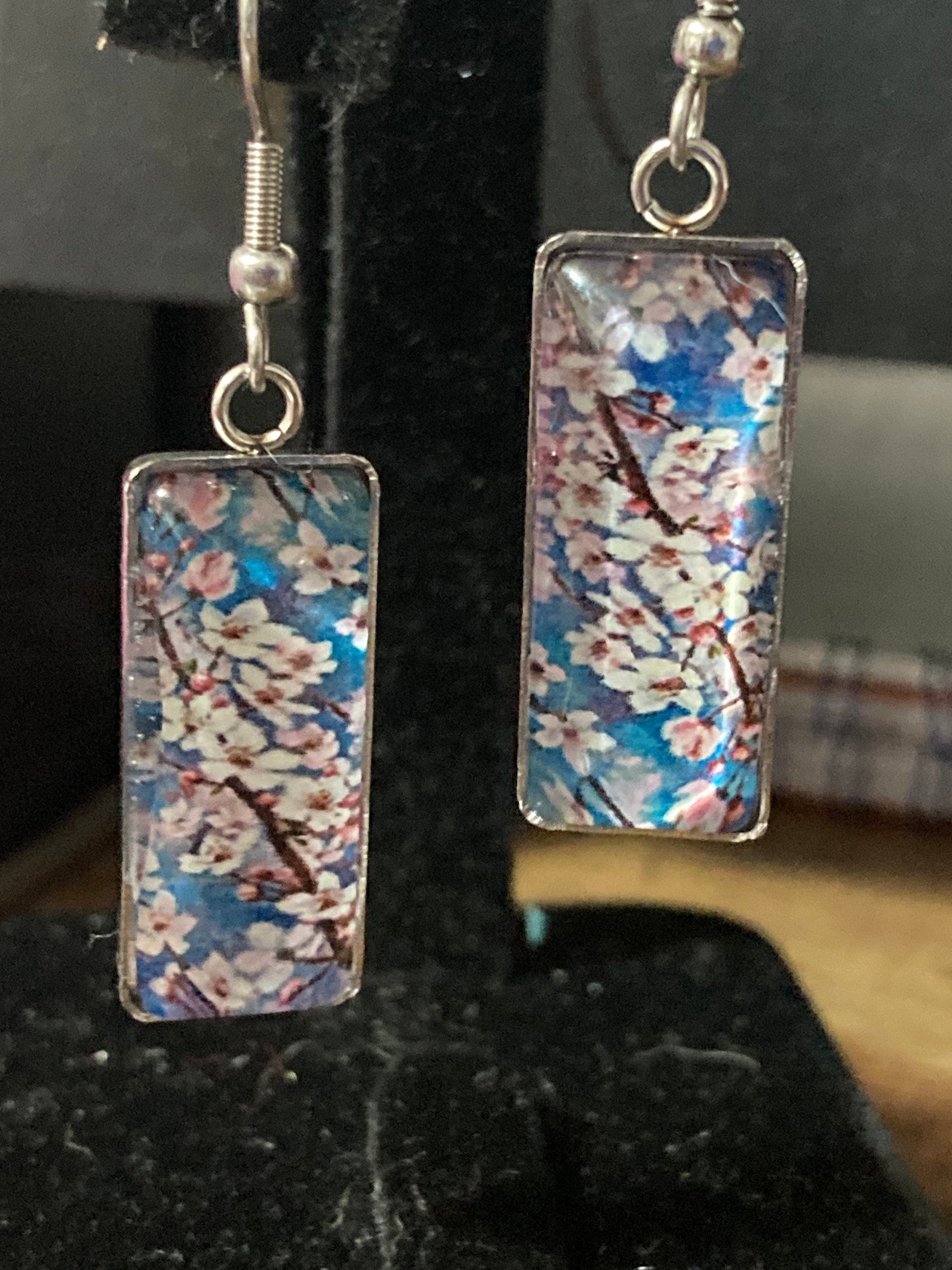 Stainless steel 4.5cm rectangular Japanese cherry blossom blue glass cabochon drop earrings