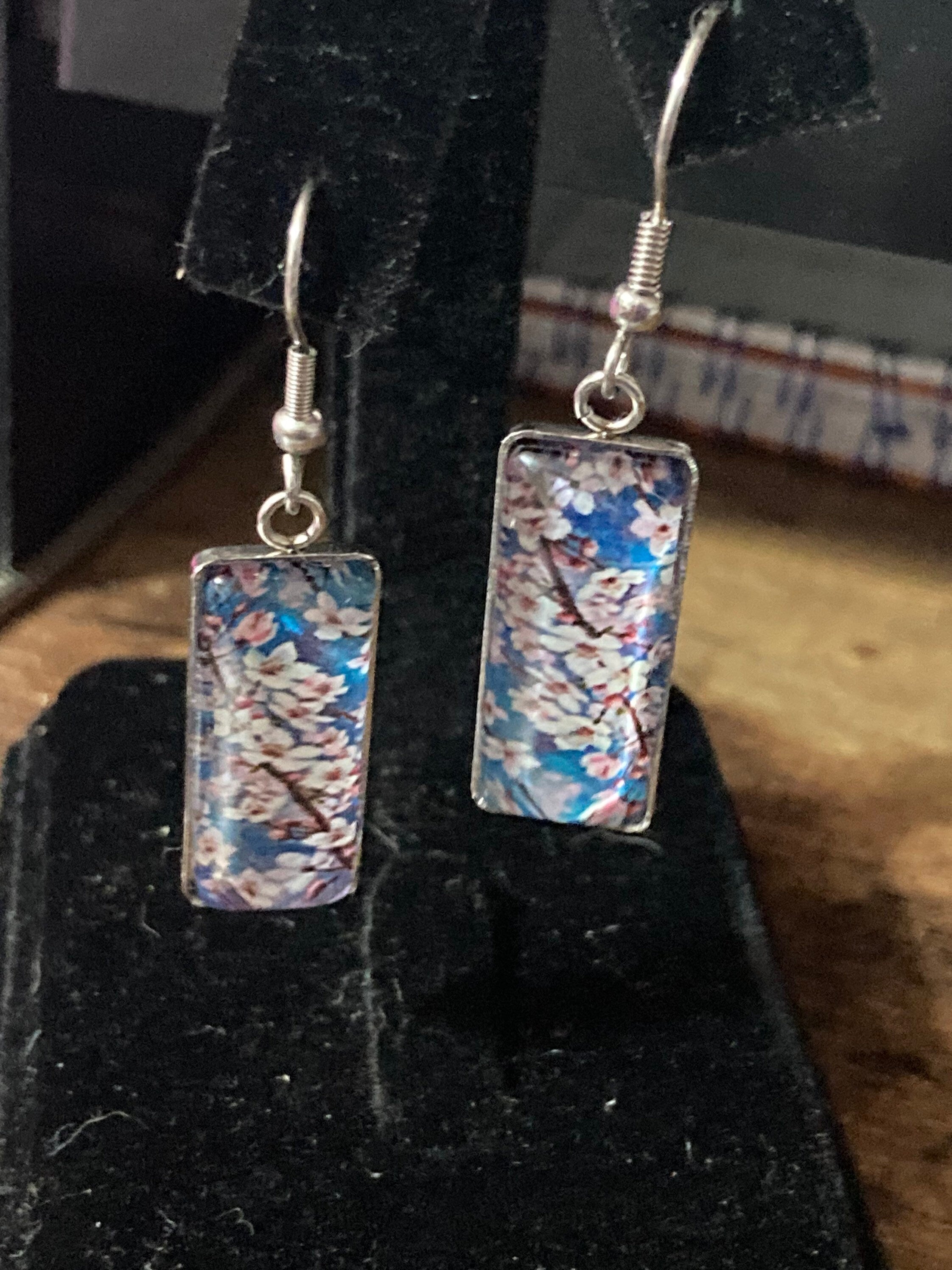 Stainless steel 4.5cm rectangular Japanese cherry blossom blue glass cabochon drop earrings