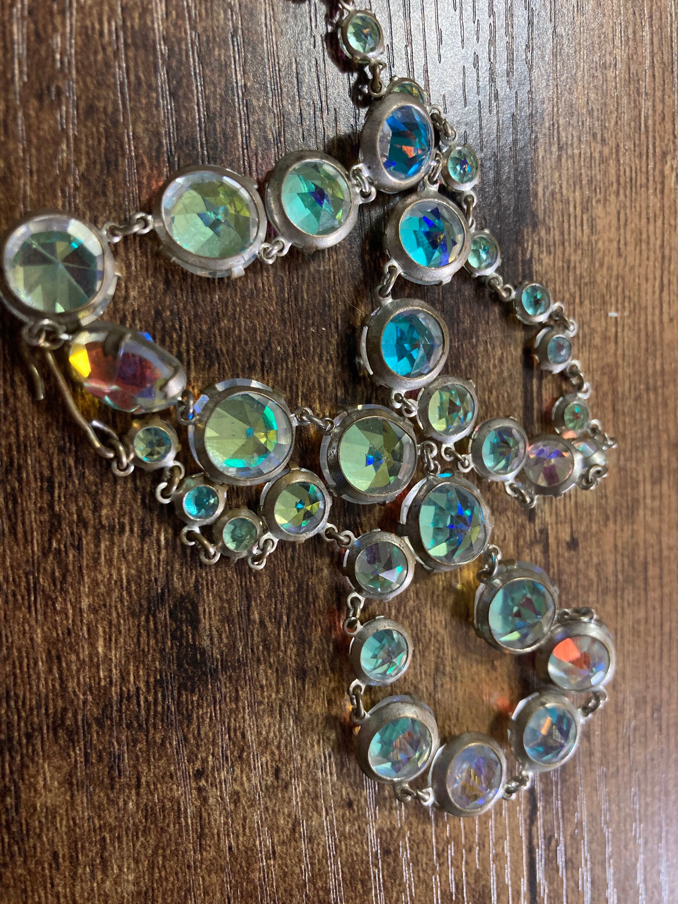 Vintage Aurora Borealis Glass Necklace: Rainbow Crystal Rivère, 1950s