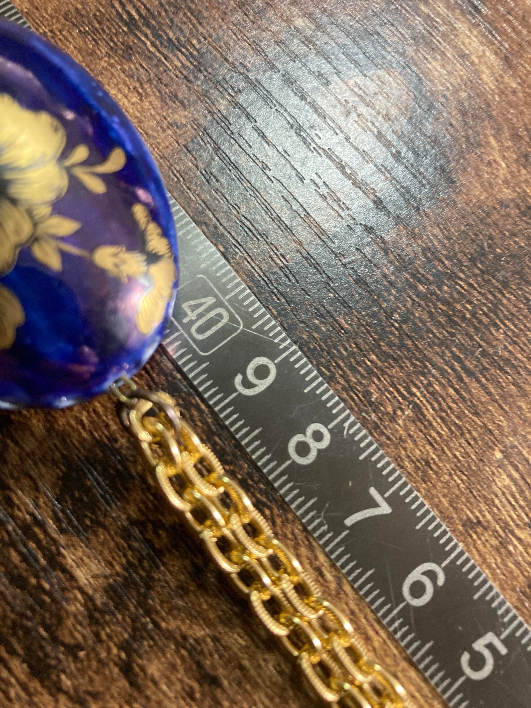 blue ceramic Pomander Pendant Necklace gold transfer printed ornate Vintage 1970s