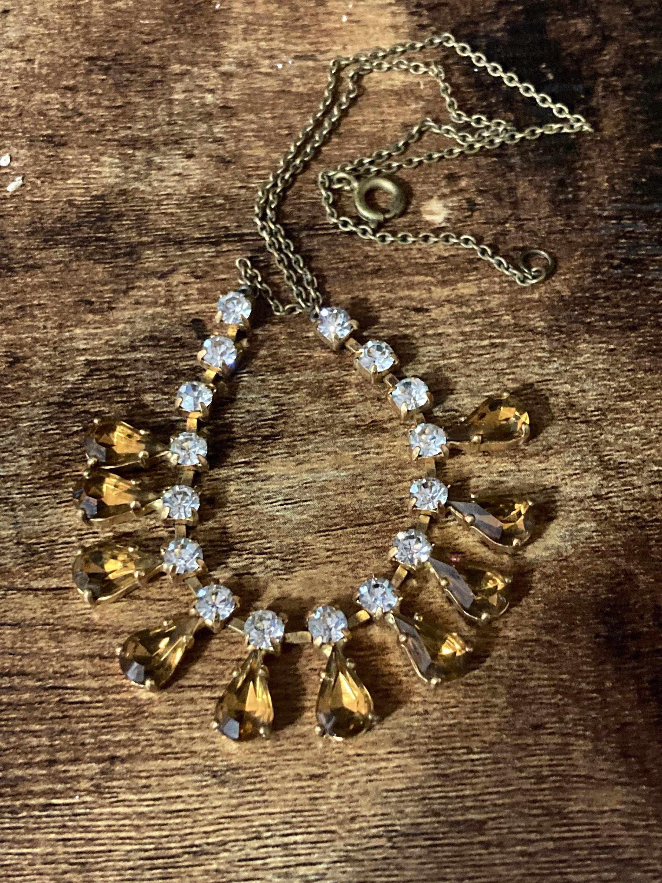 cognac topaz brown paste diamante necklace 42cm mid century gold tone