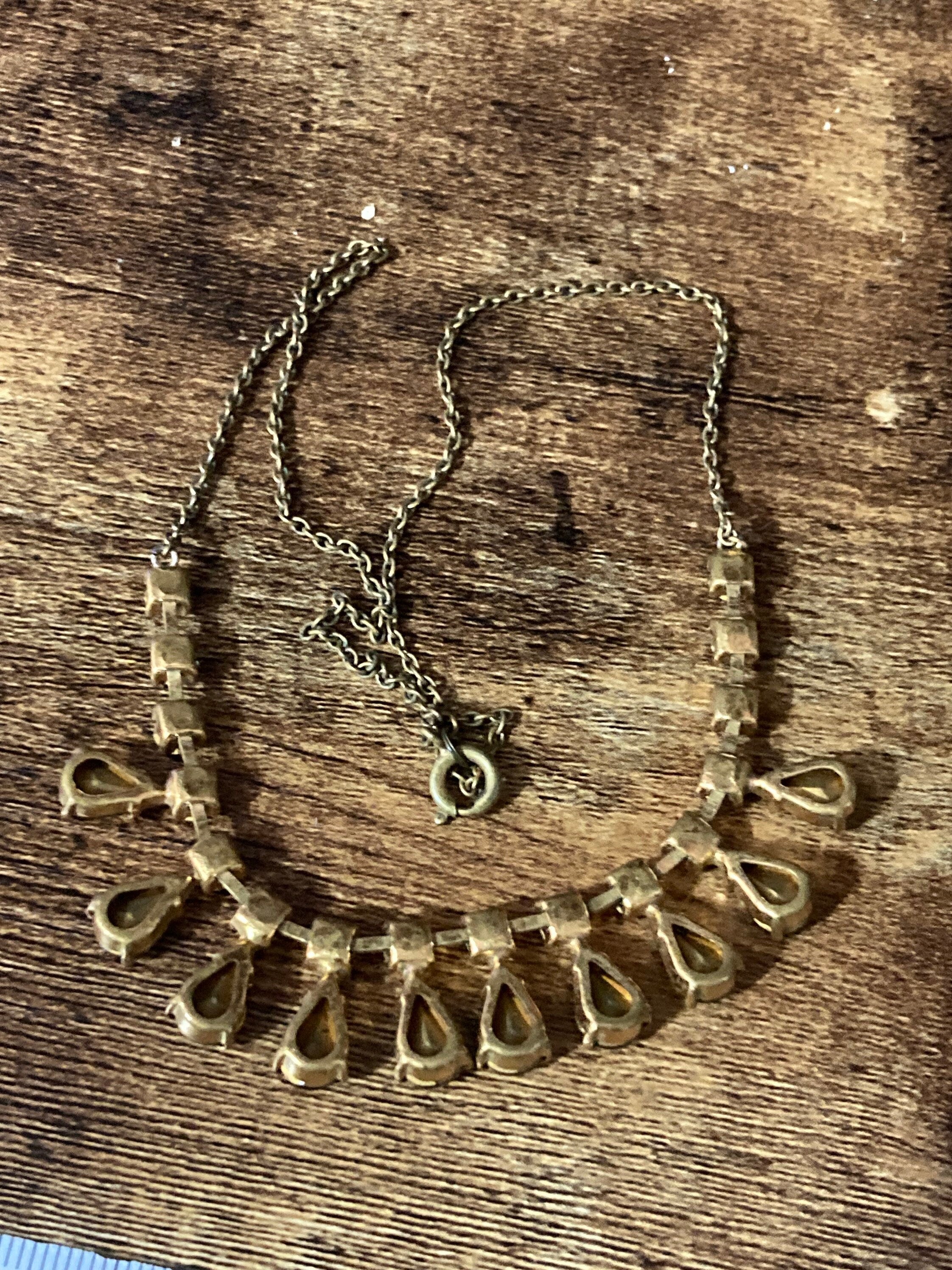 cognac topaz brown paste diamante necklace 42cm mid century gold tone