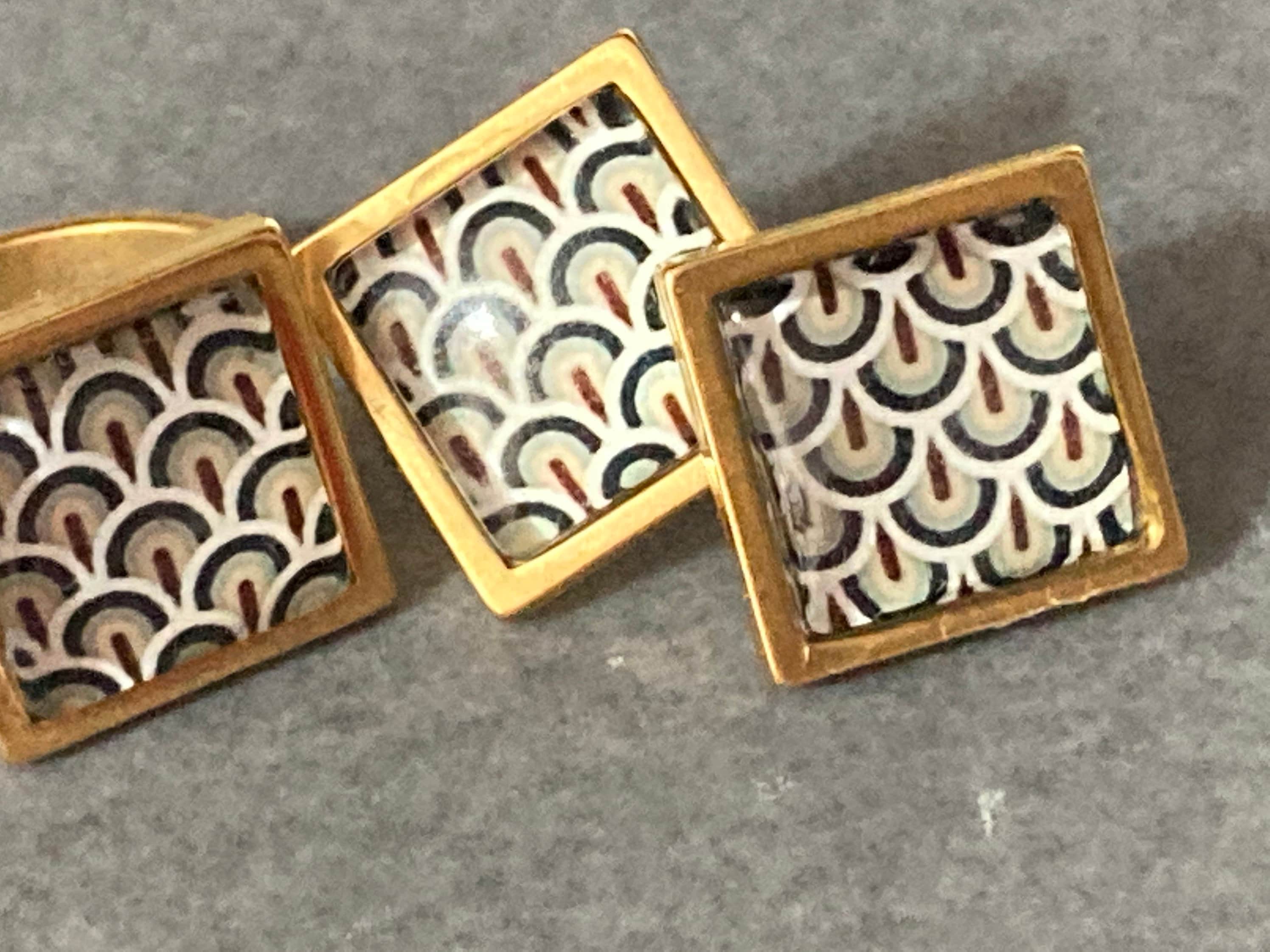 Art Deco style handmade gold tone square black and gold cabochon stud earrings