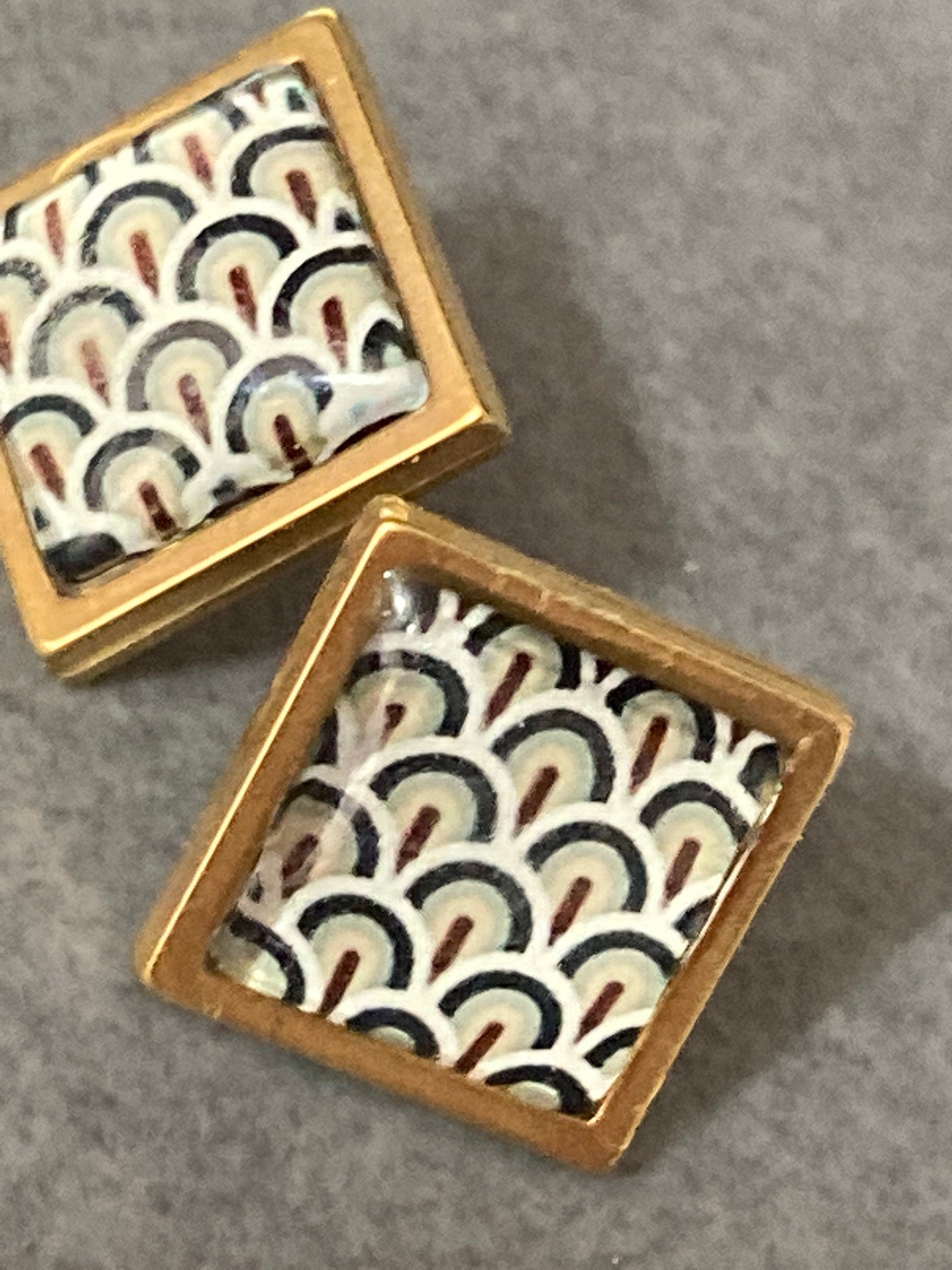 Art Deco style handmade gold tone square black and gold cabochon stud earrings