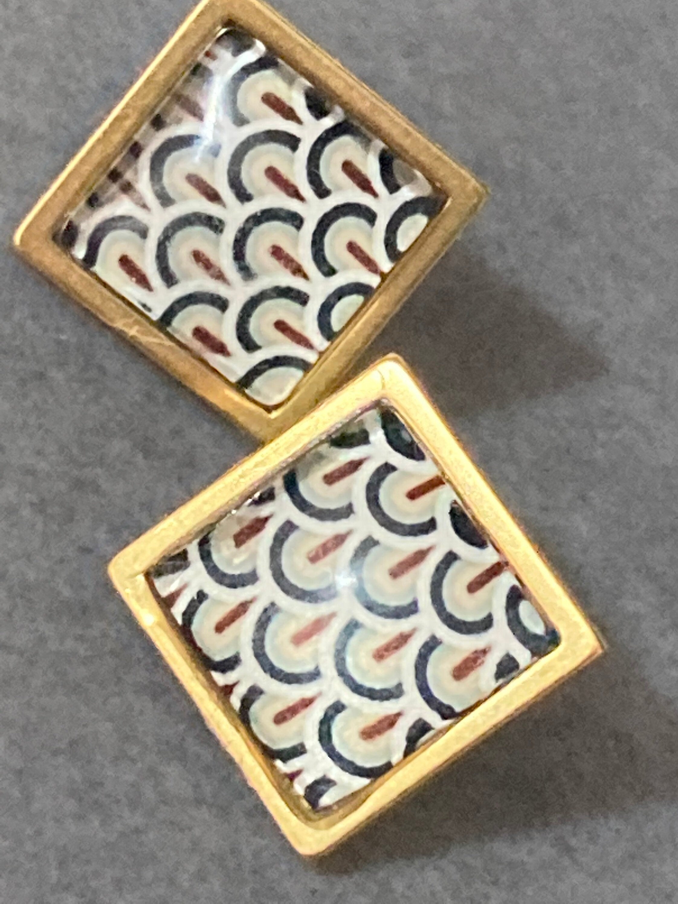 Art Deco style handmade gold tone square black and gold cabochon stud earrings