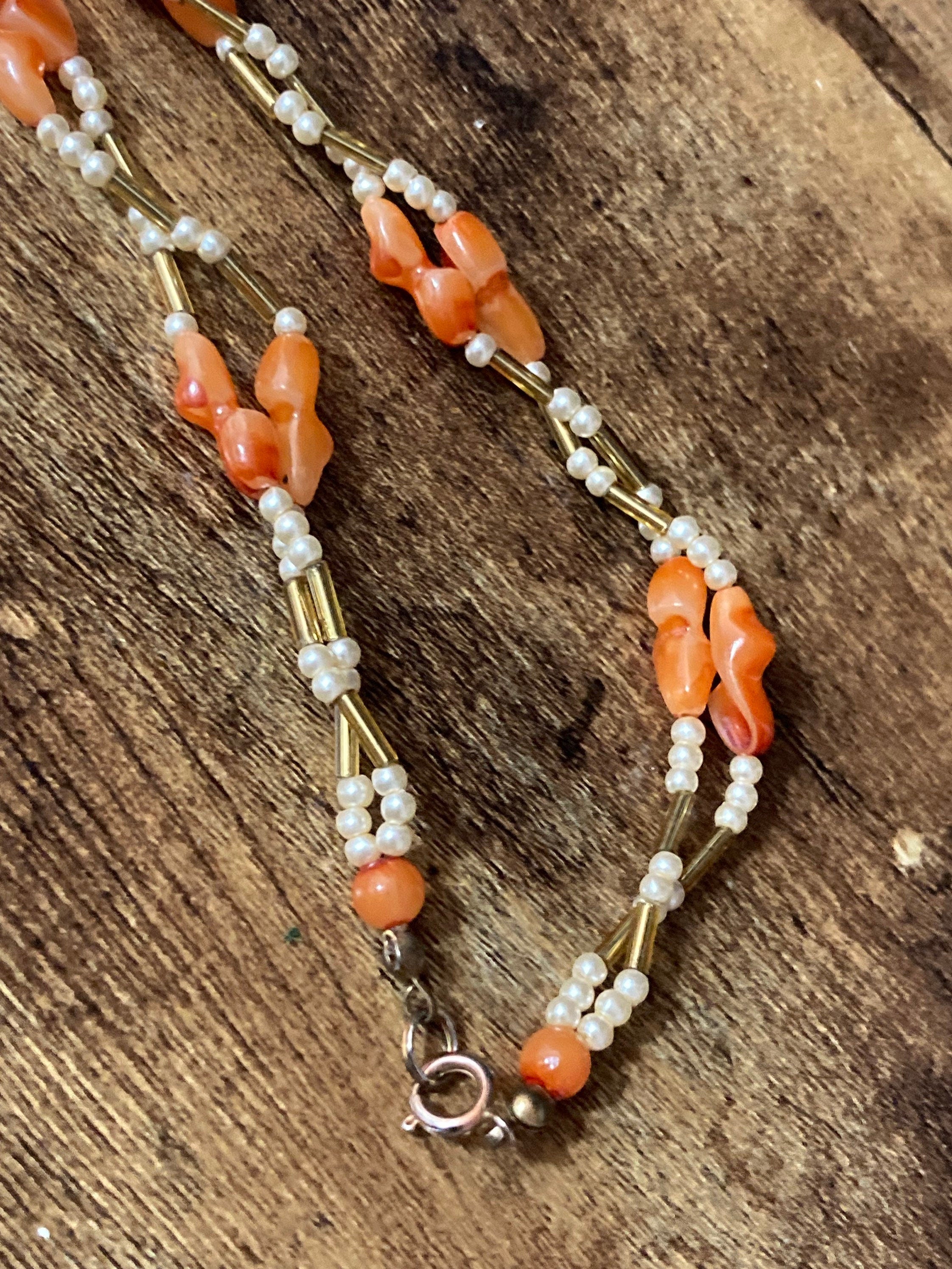gold tone faux Pearl orange plastic beaded mid length link station necklace 62cm long