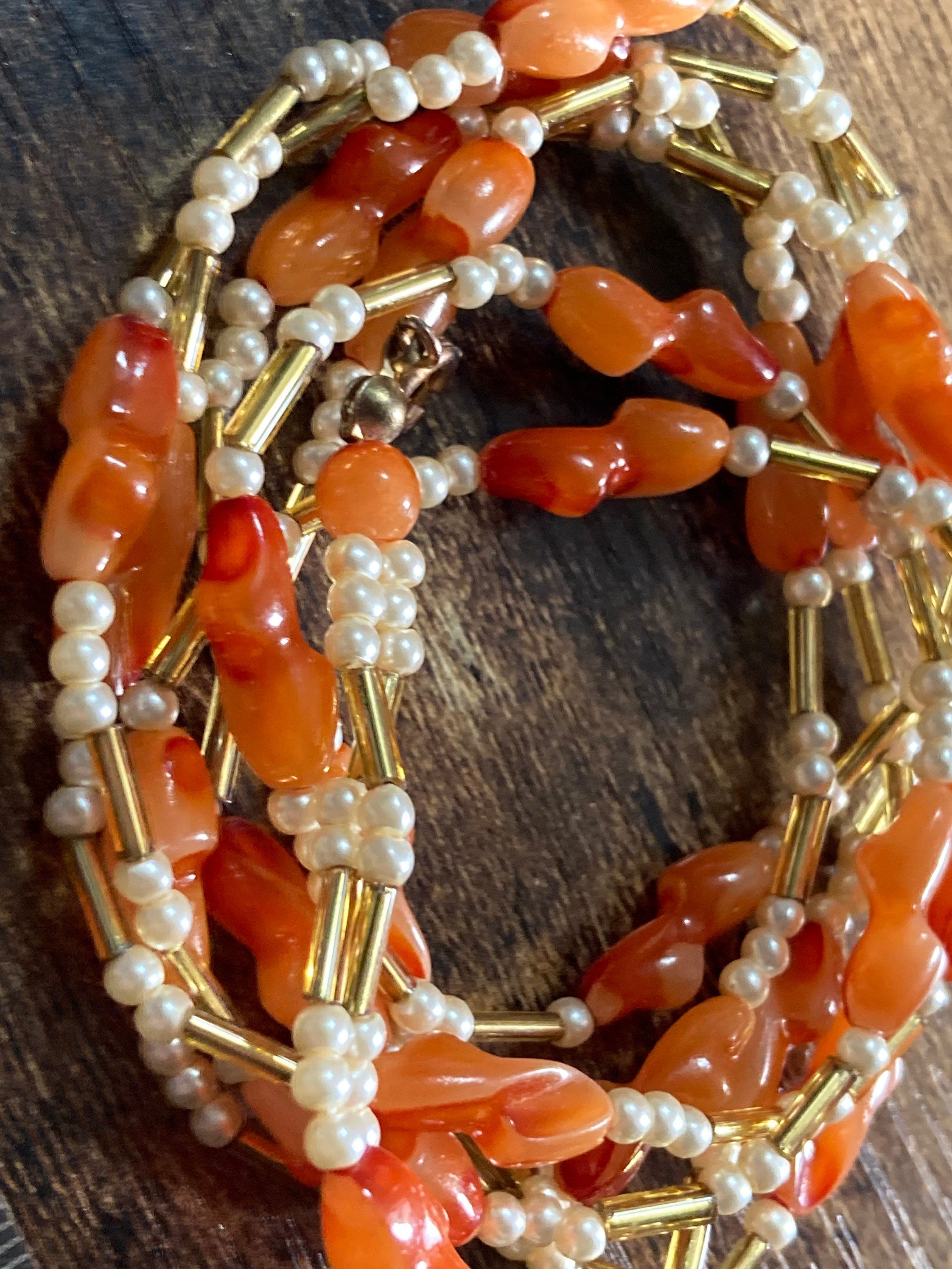 gold tone faux Pearl orange plastic beaded mid length link station necklace 62cm long
