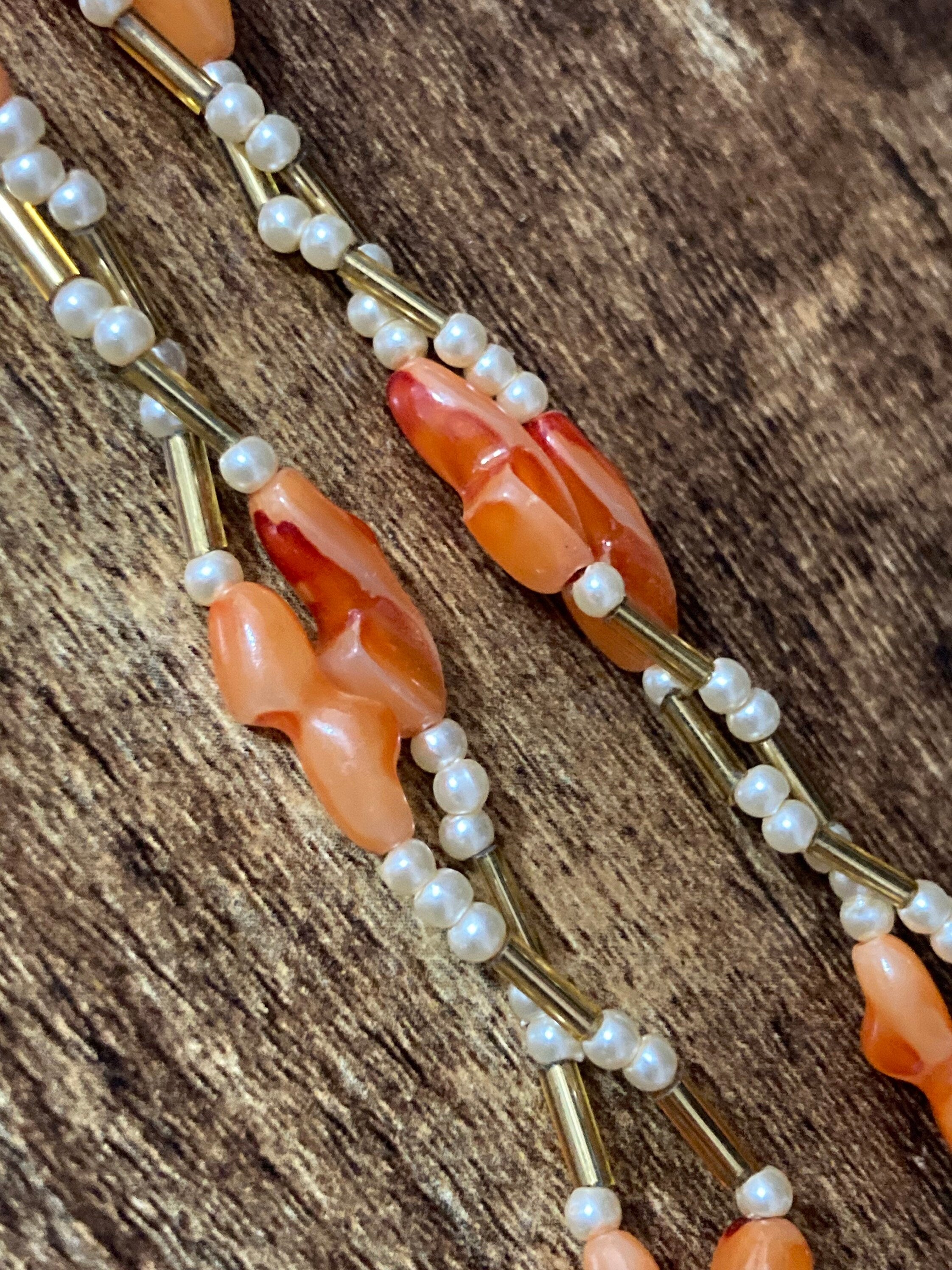 gold tone faux Pearl orange plastic beaded mid length link station necklace 62cm long