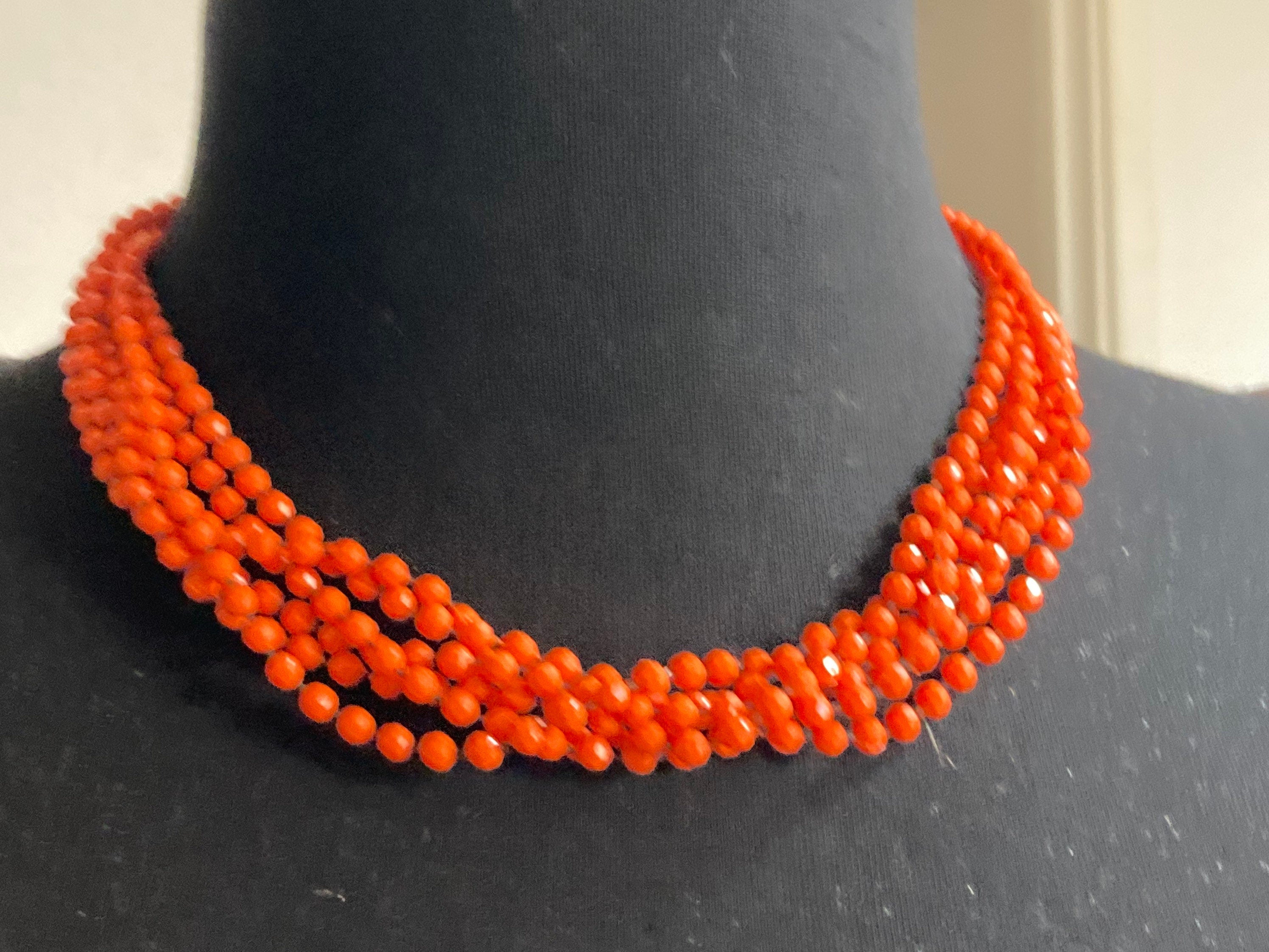 Vintage bright orange fixed bead plastic beaded multi strand choker necklace 50cm long