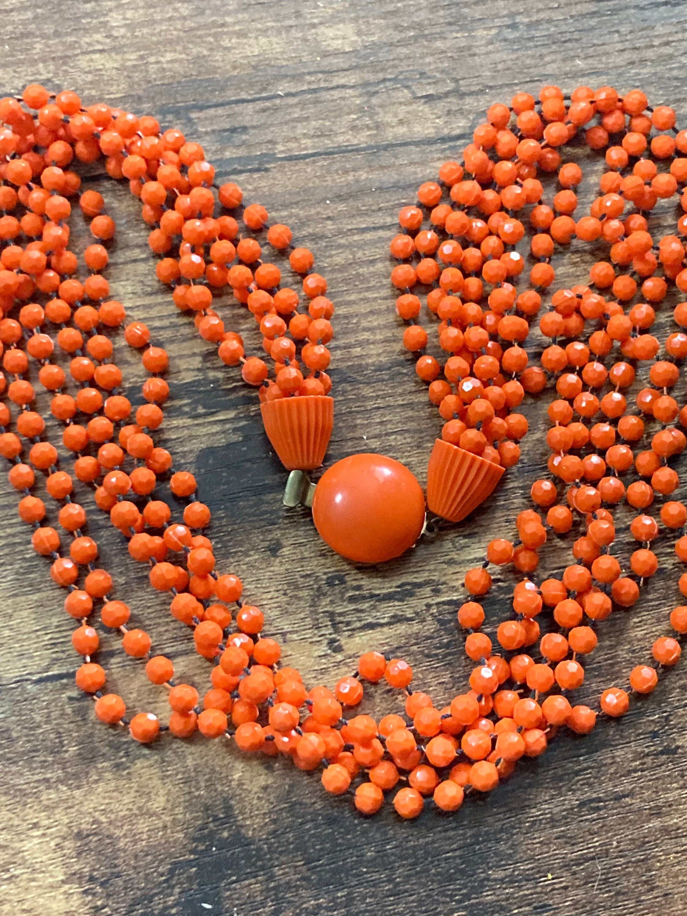 Vintage bright orange fixed bead plastic beaded multi strand choker necklace 50cm long