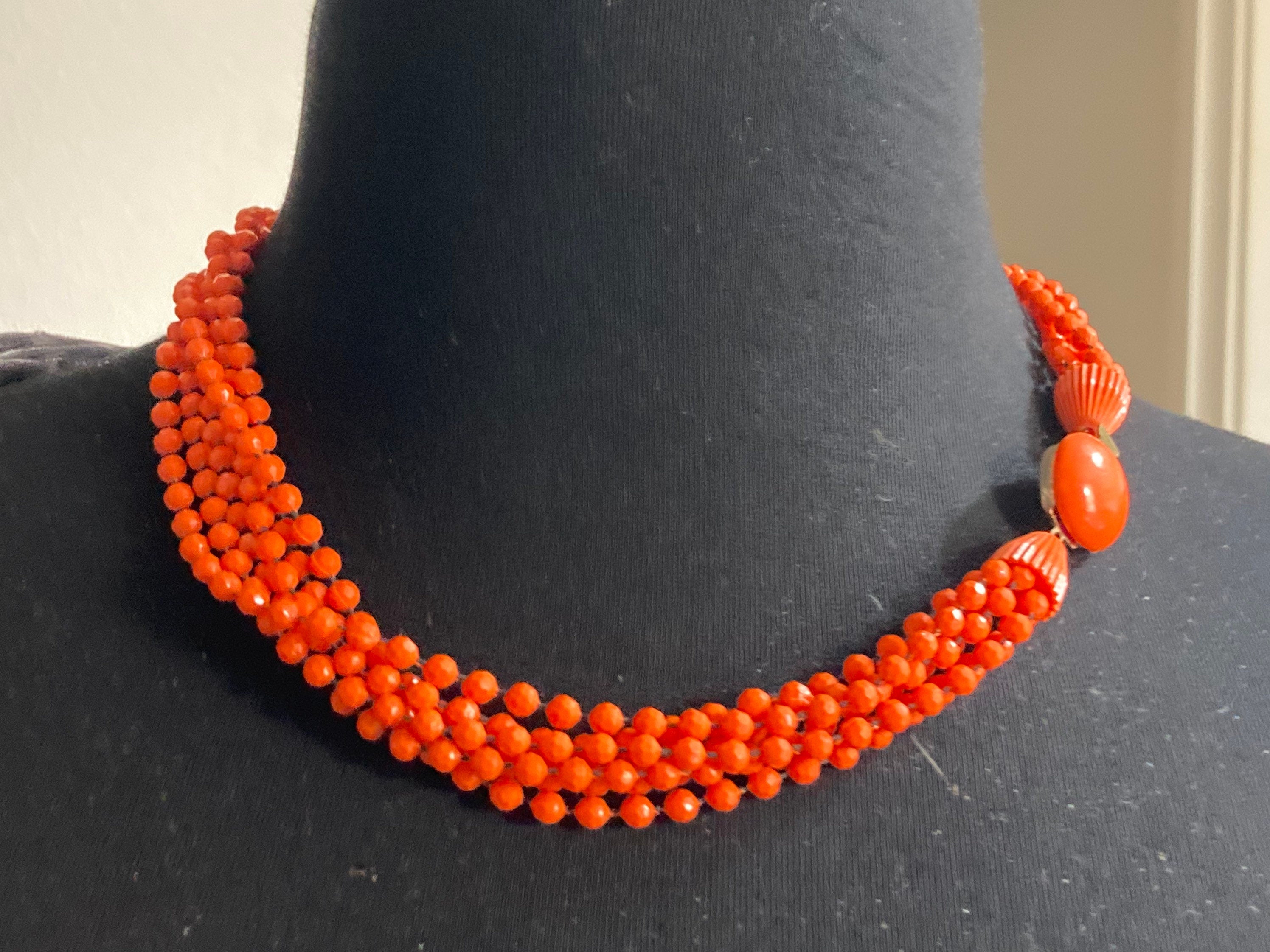 Vintage bright orange fixed bead plastic beaded multi strand choker necklace 50cm long