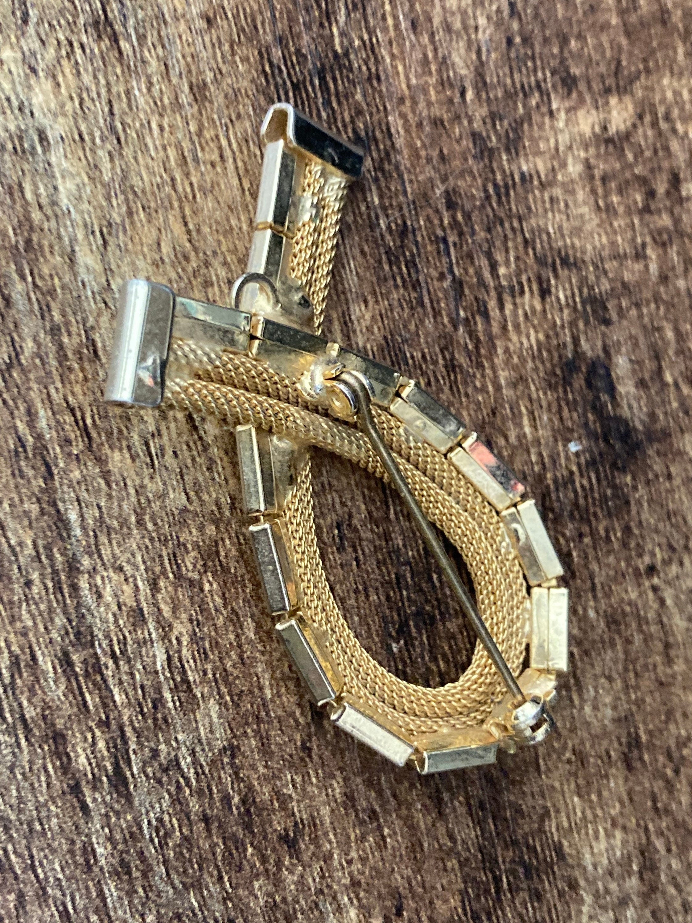 vintage gold tone mesh combination brooch and pendant large