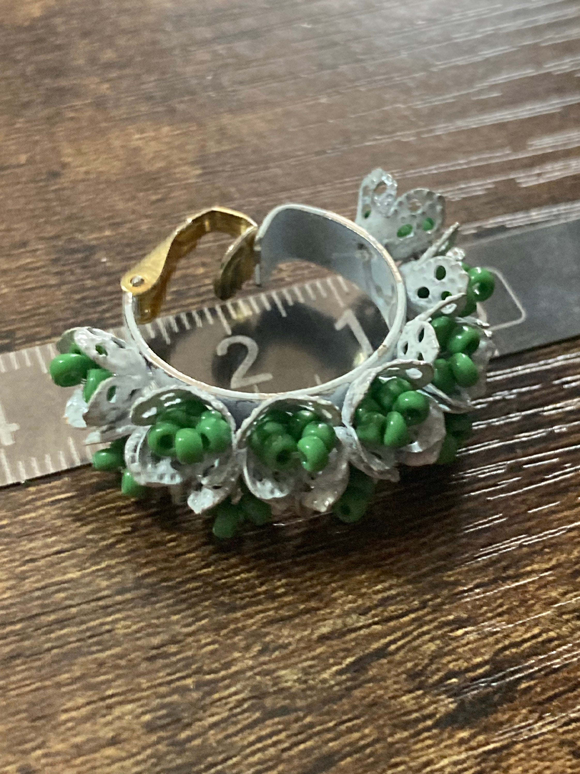 Green seed bead clip on hoop earrings white enamelled brass metal 1970s 4cm