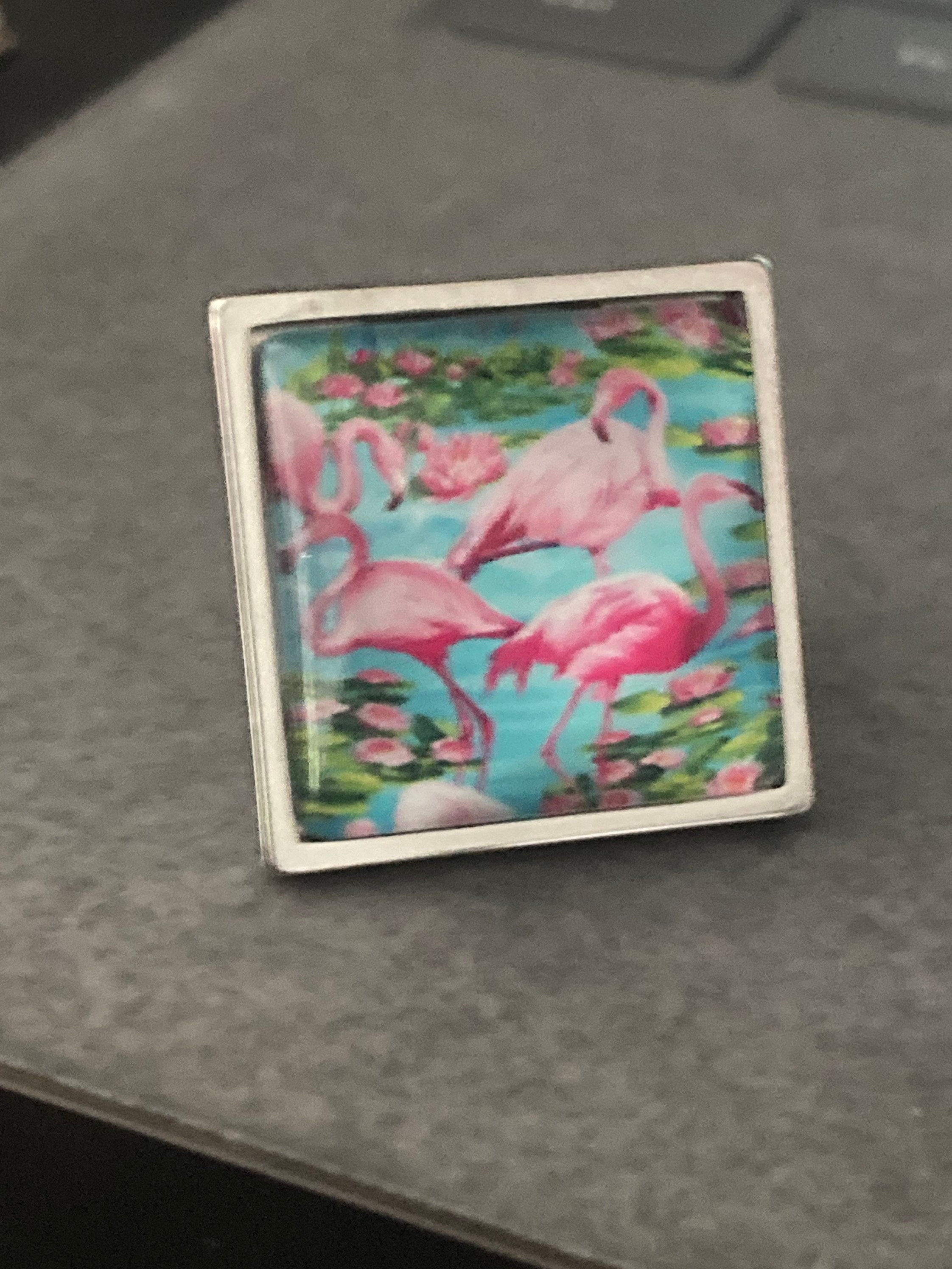 Pink Flamingo Ring: Stainless Steel Adjustable Ring with Glass Cabochon