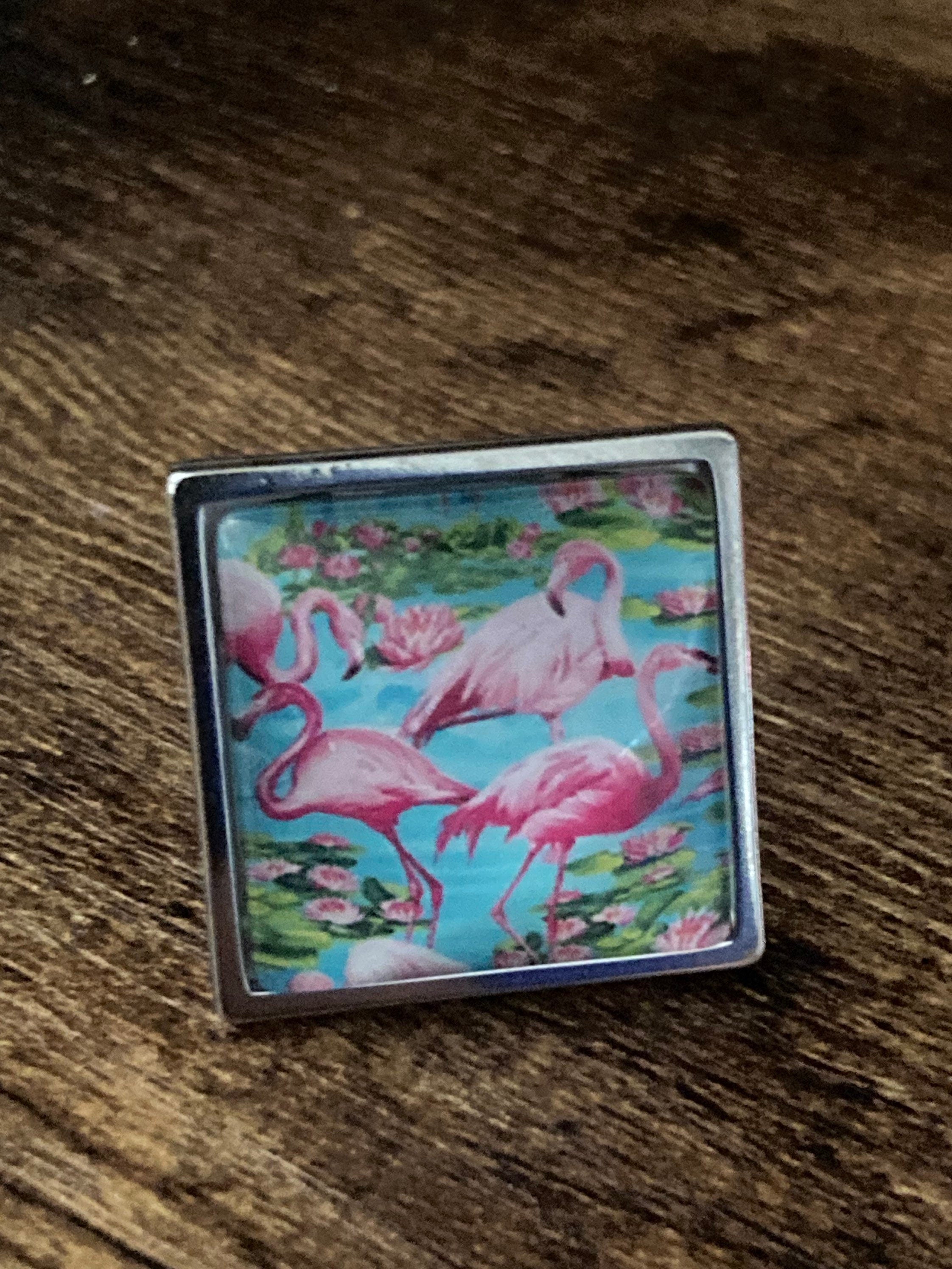 Pink Flamingo Ring: Stainless Steel Adjustable Ring with Glass Cabochon