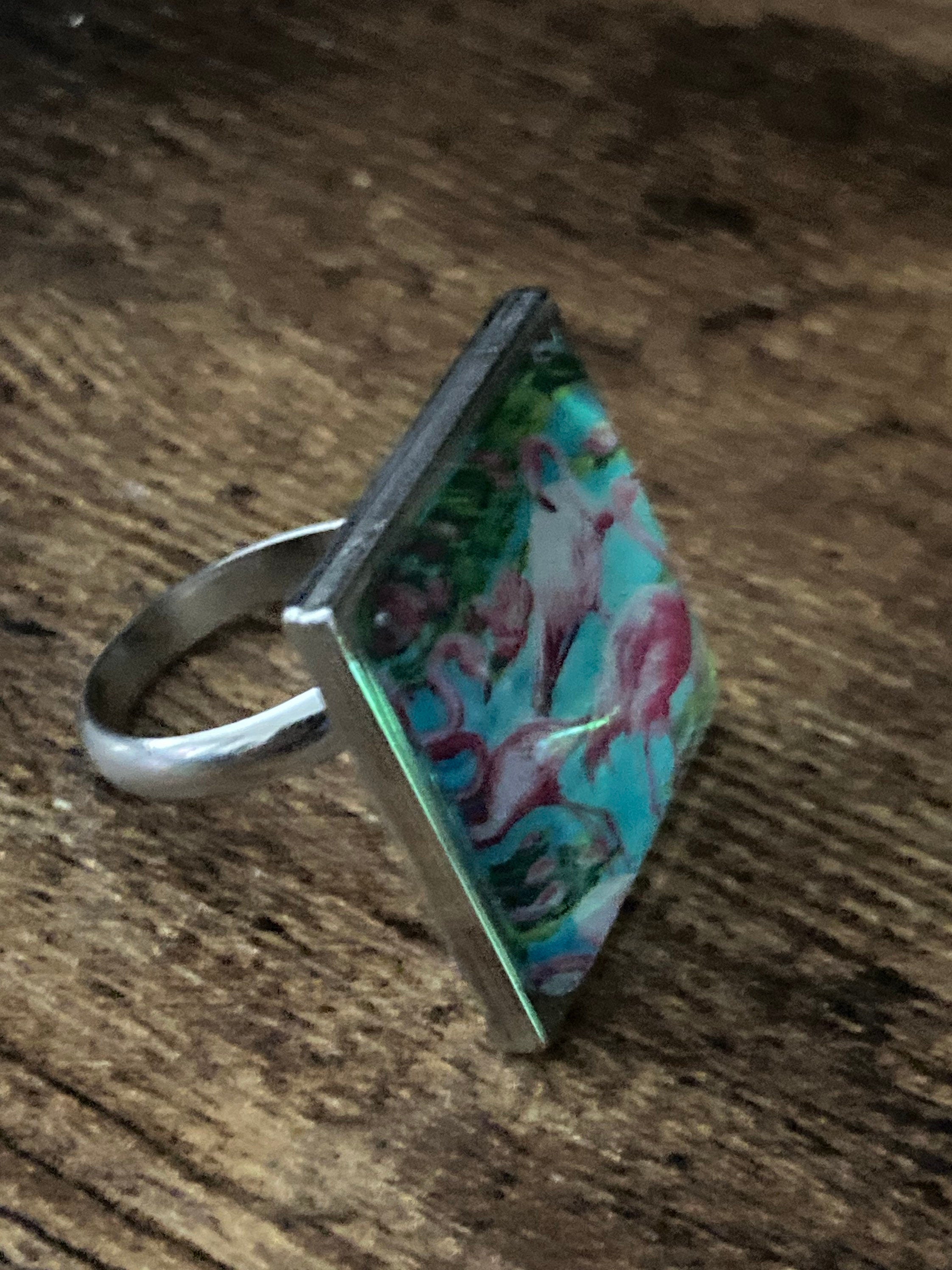 Pink Flamingo Ring: Stainless Steel Adjustable Ring with Glass Cabochon