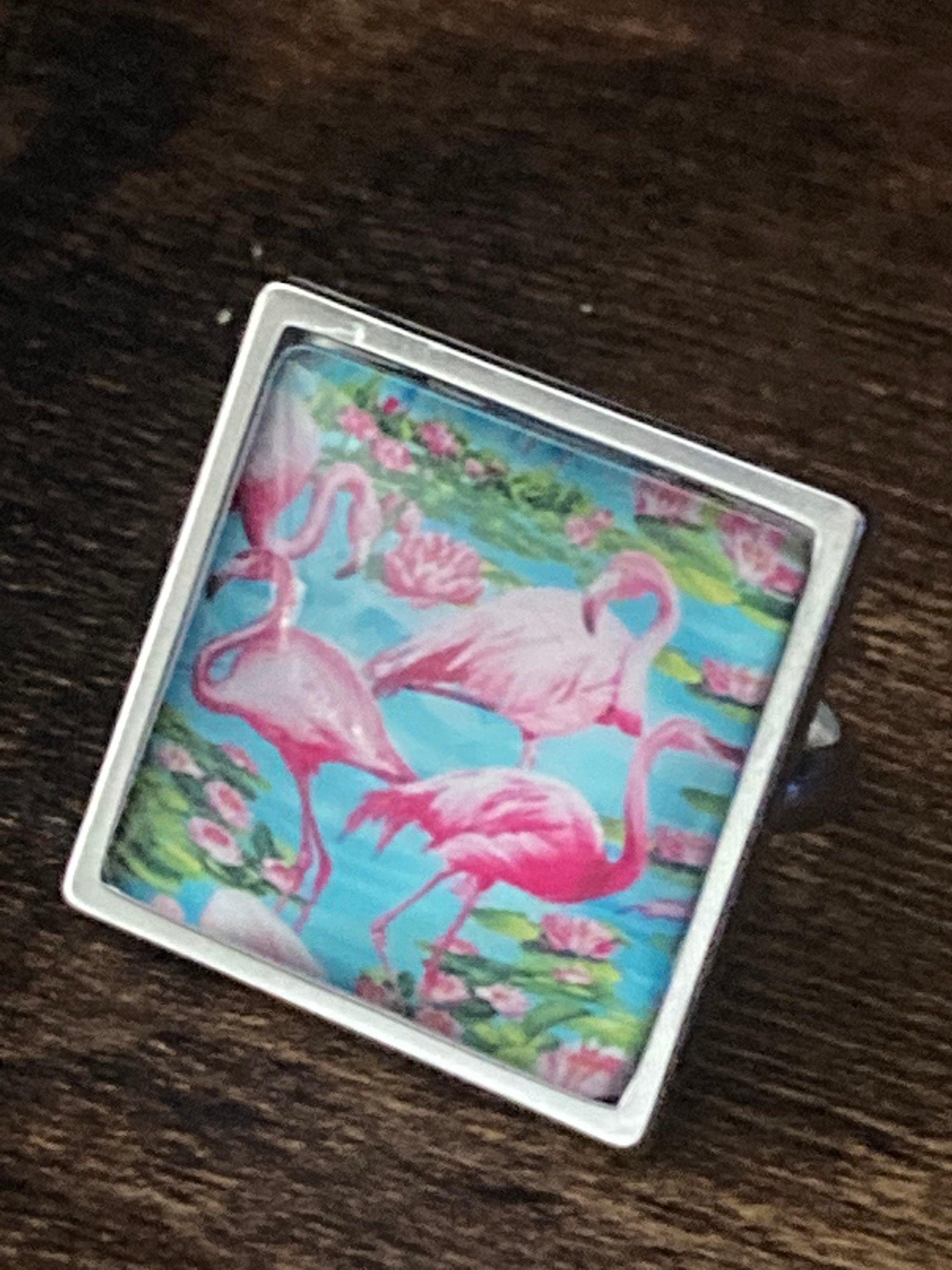 Pink Flamingo Ring: Stainless Steel Adjustable Ring with Glass Cabochon