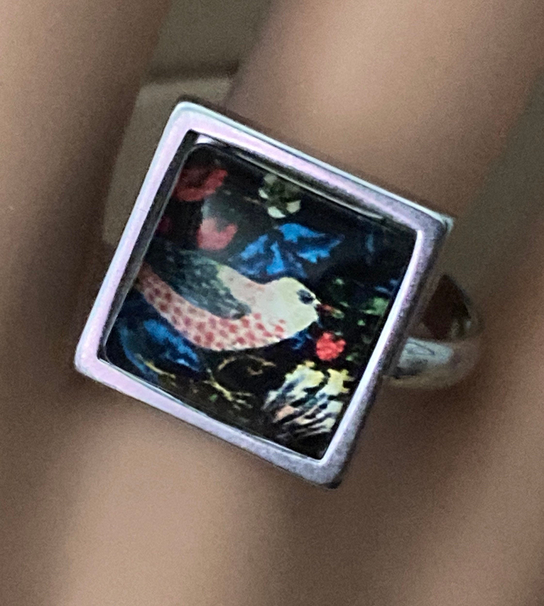 Strawberry thief print ring stainless steel glass cabochon adjustable