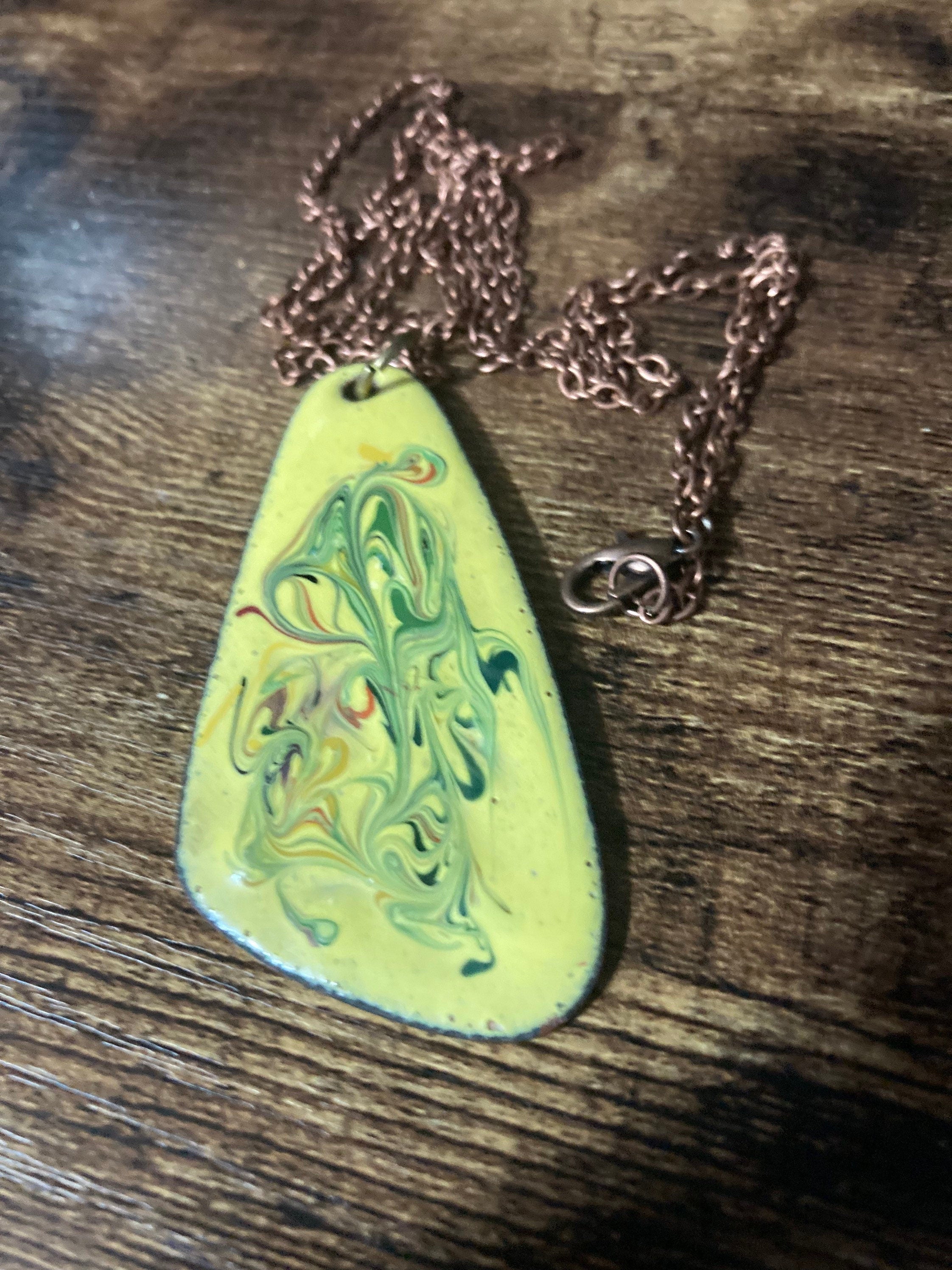 1970s original copper YELLOW  coloured enamel pendant on a new copper tone long 68cm / 27” chain with lobster clasp 6cm pendant
