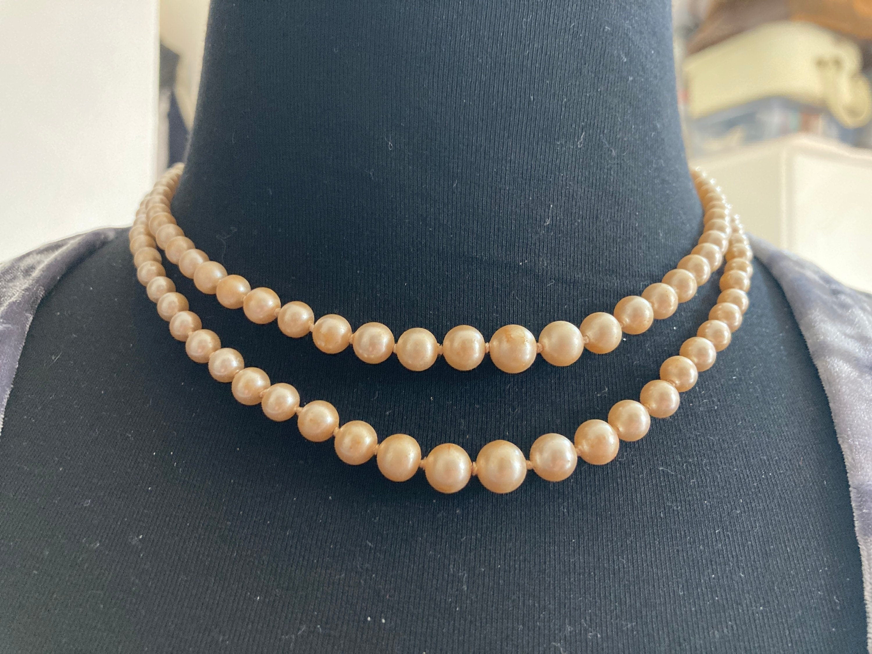 double strand 2 row dark cream glass knotted pearl necklace with ornate 925 sterling silver clasp