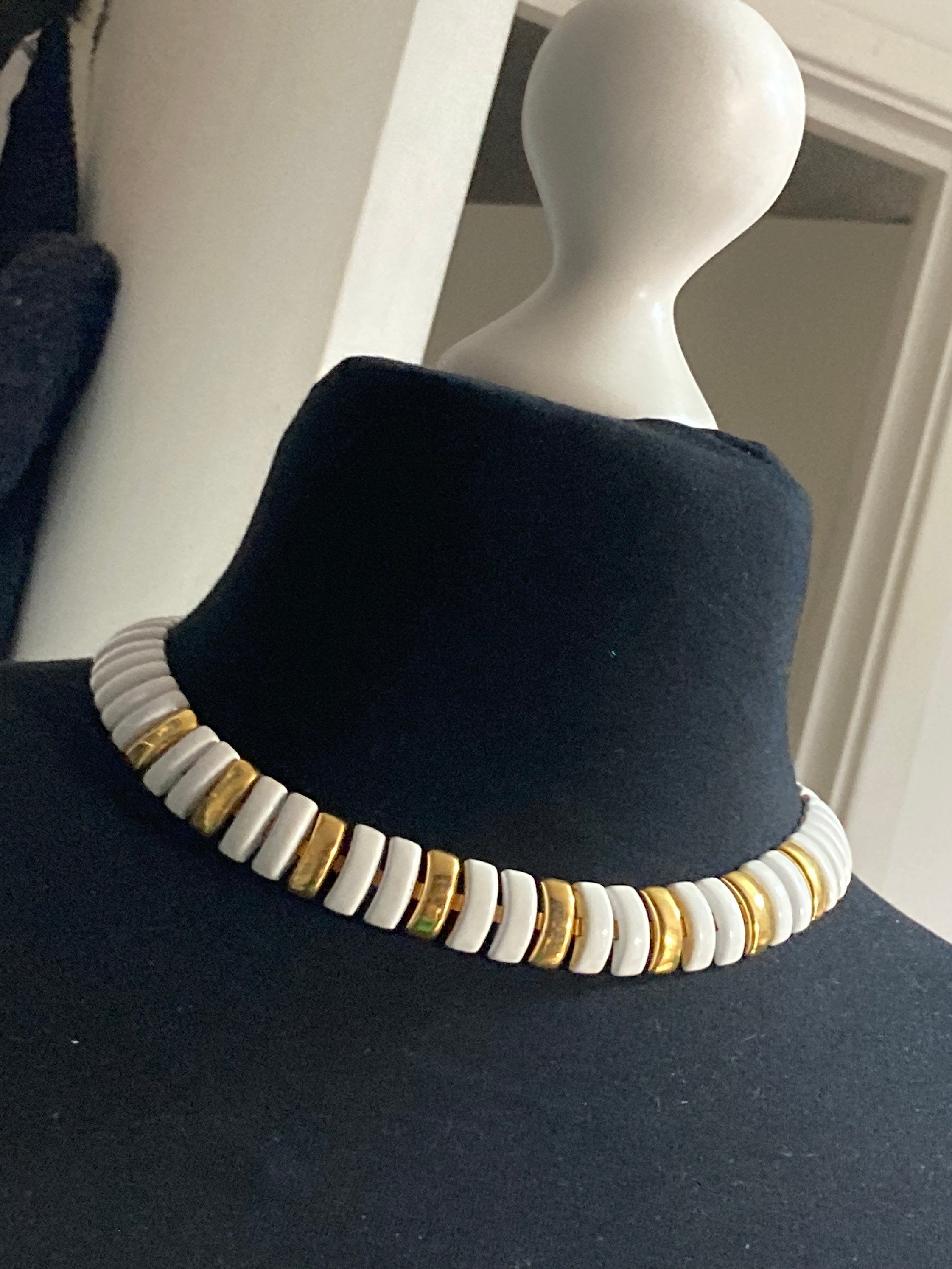 Signed NAPIER designer White Enamel gold tone panel link wide Choker necklace