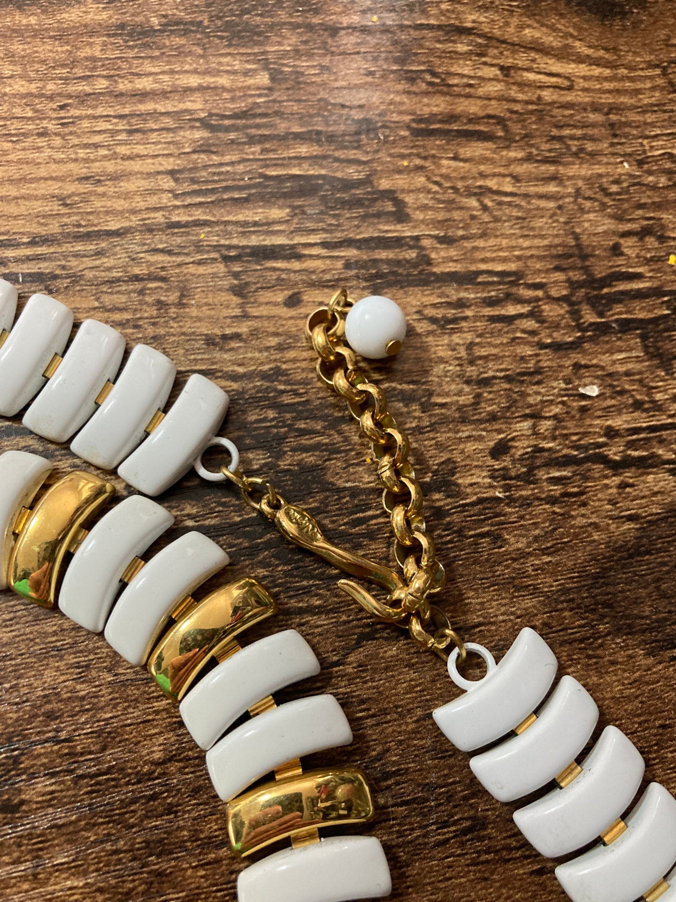 Signed NAPIER designer White Enamel gold tone panel link wide Choker necklace