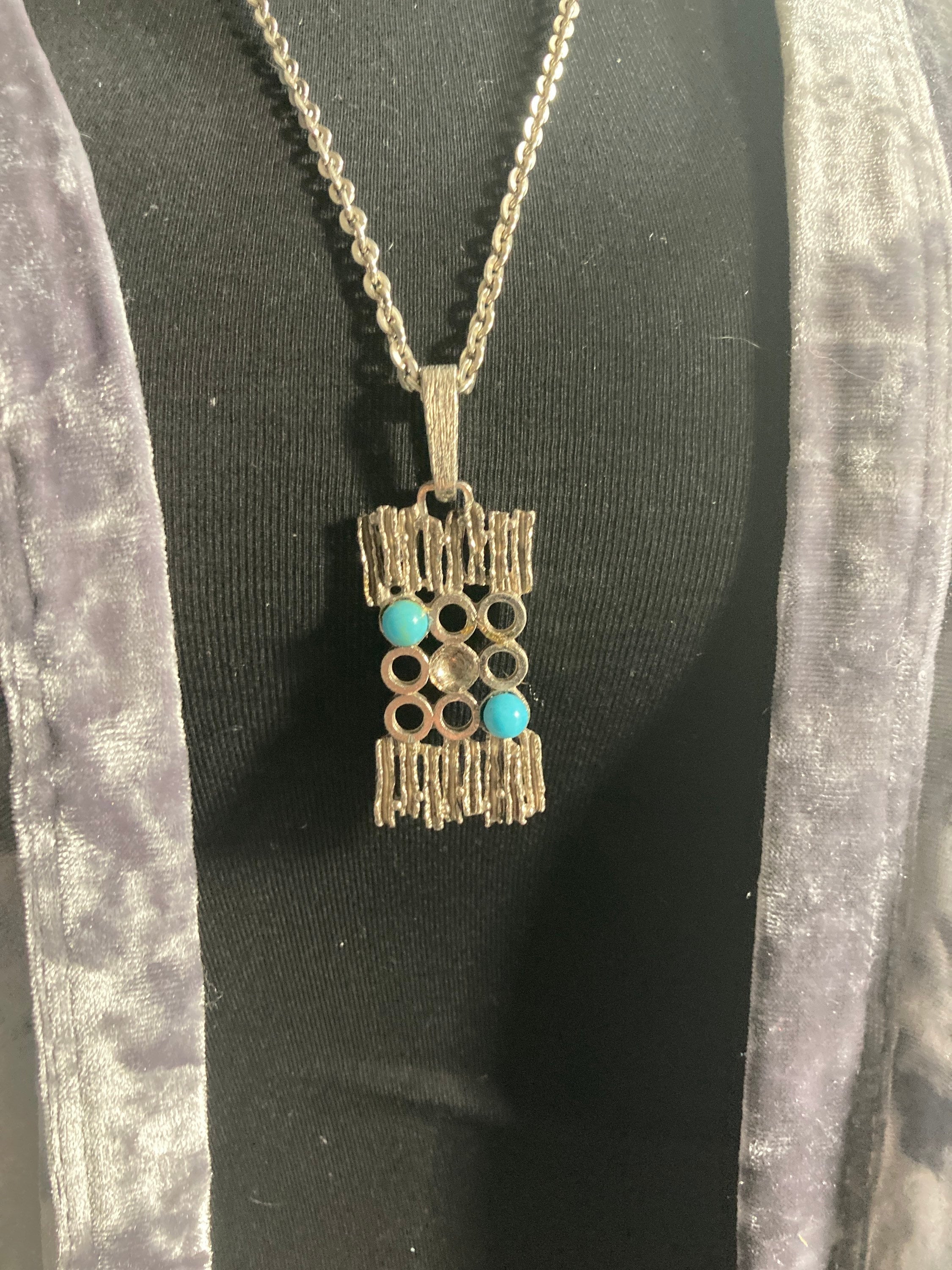 geometric steel abstract brutalist pendant turquoise blue cabochons on 75cm silver lightweight chain