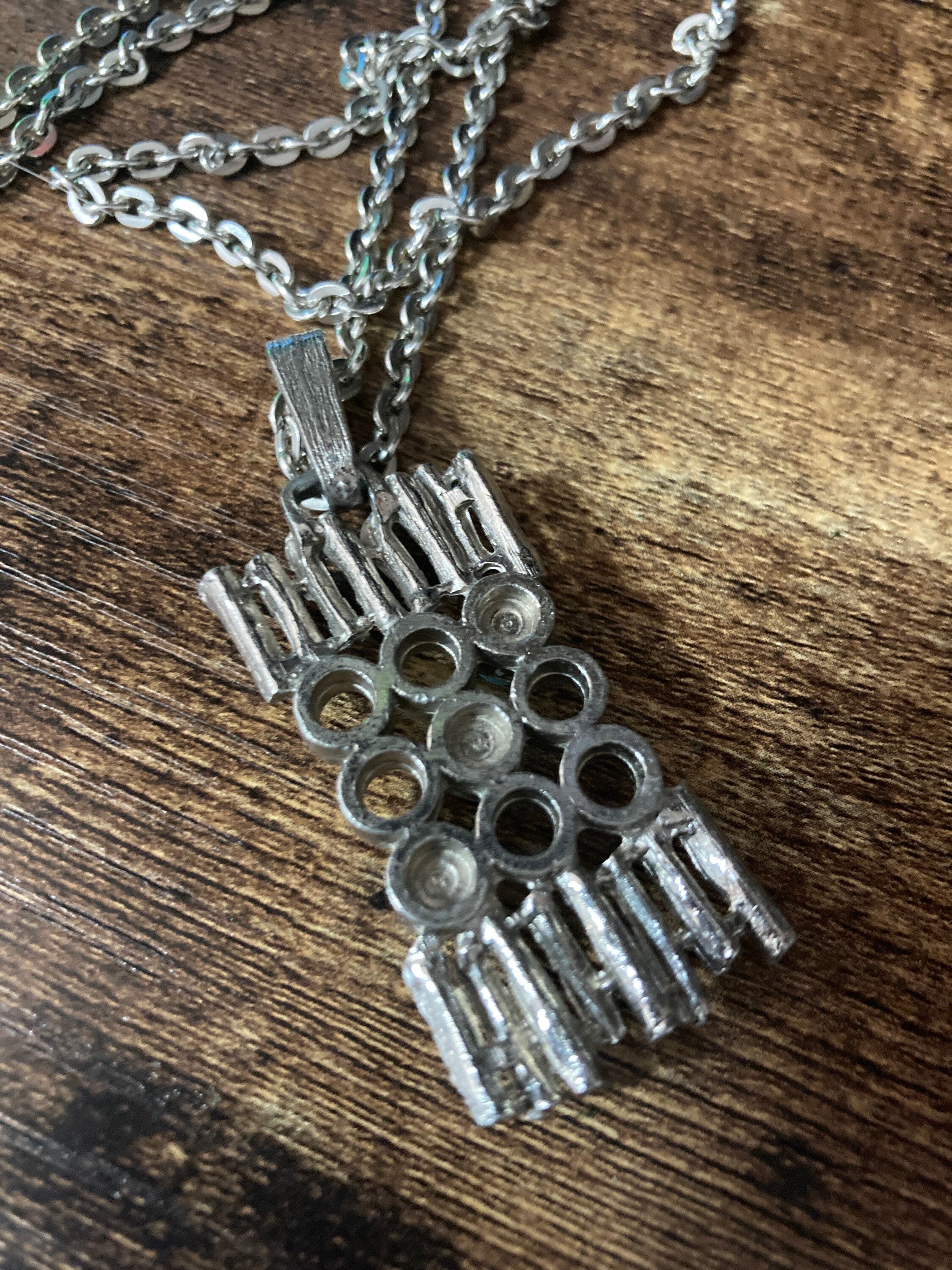 geometric steel abstract brutalist pendant turquoise blue cabochons on 75cm silver lightweight chain