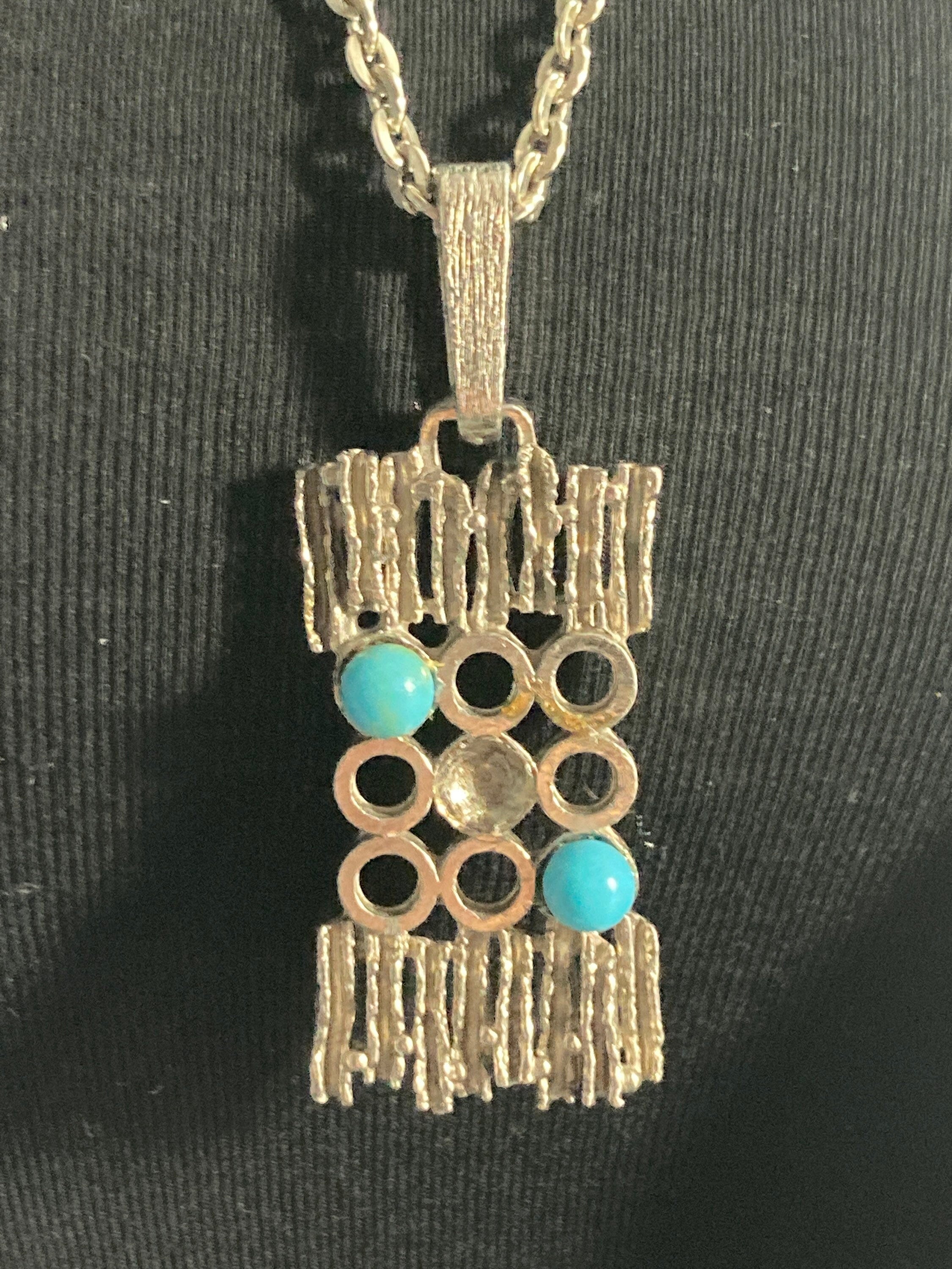 geometric steel abstract brutalist pendant turquoise blue cabochons on 75cm silver lightweight chain