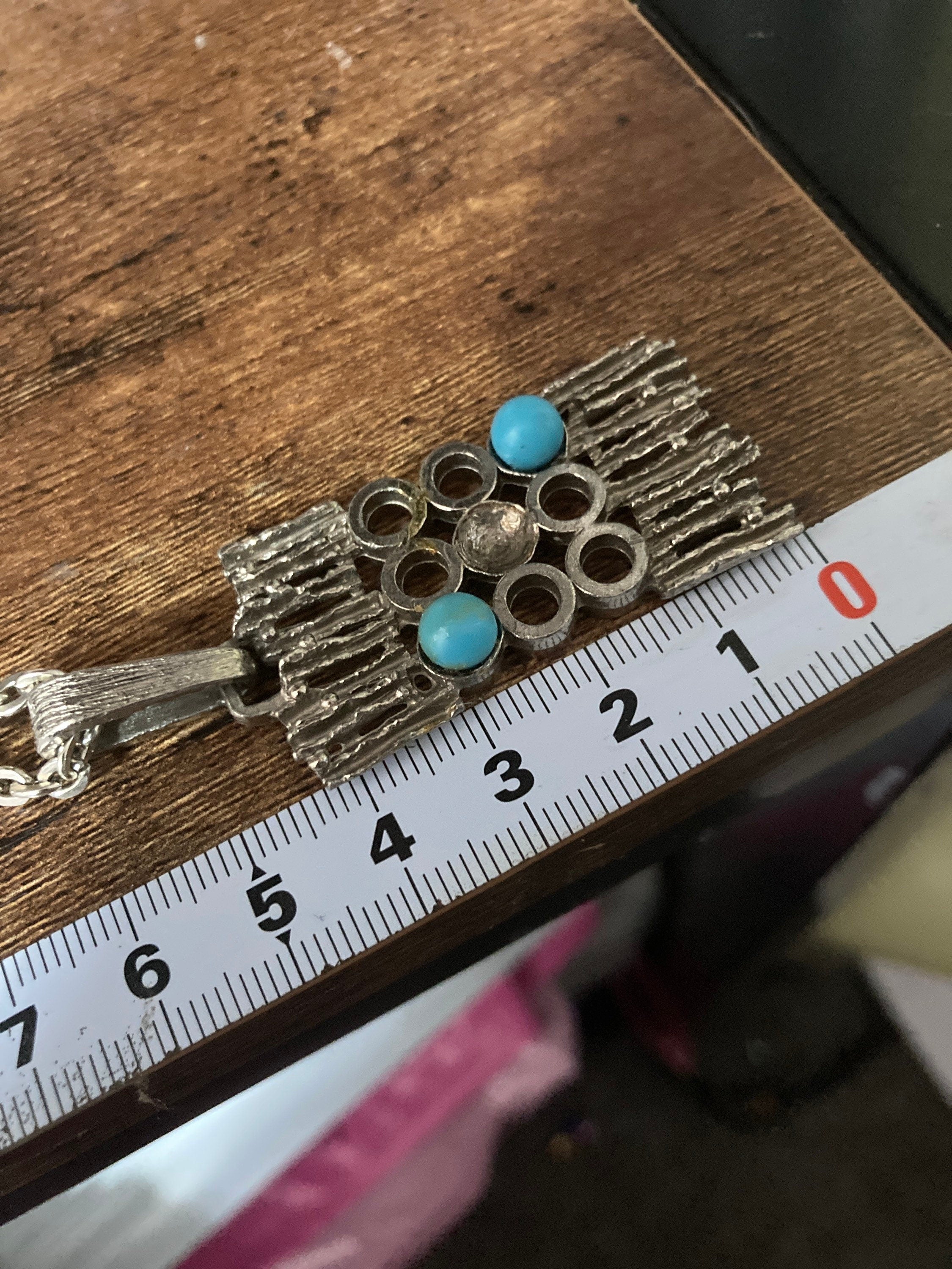 geometric steel abstract brutalist pendant turquoise blue cabochons on 75cm silver lightweight chain