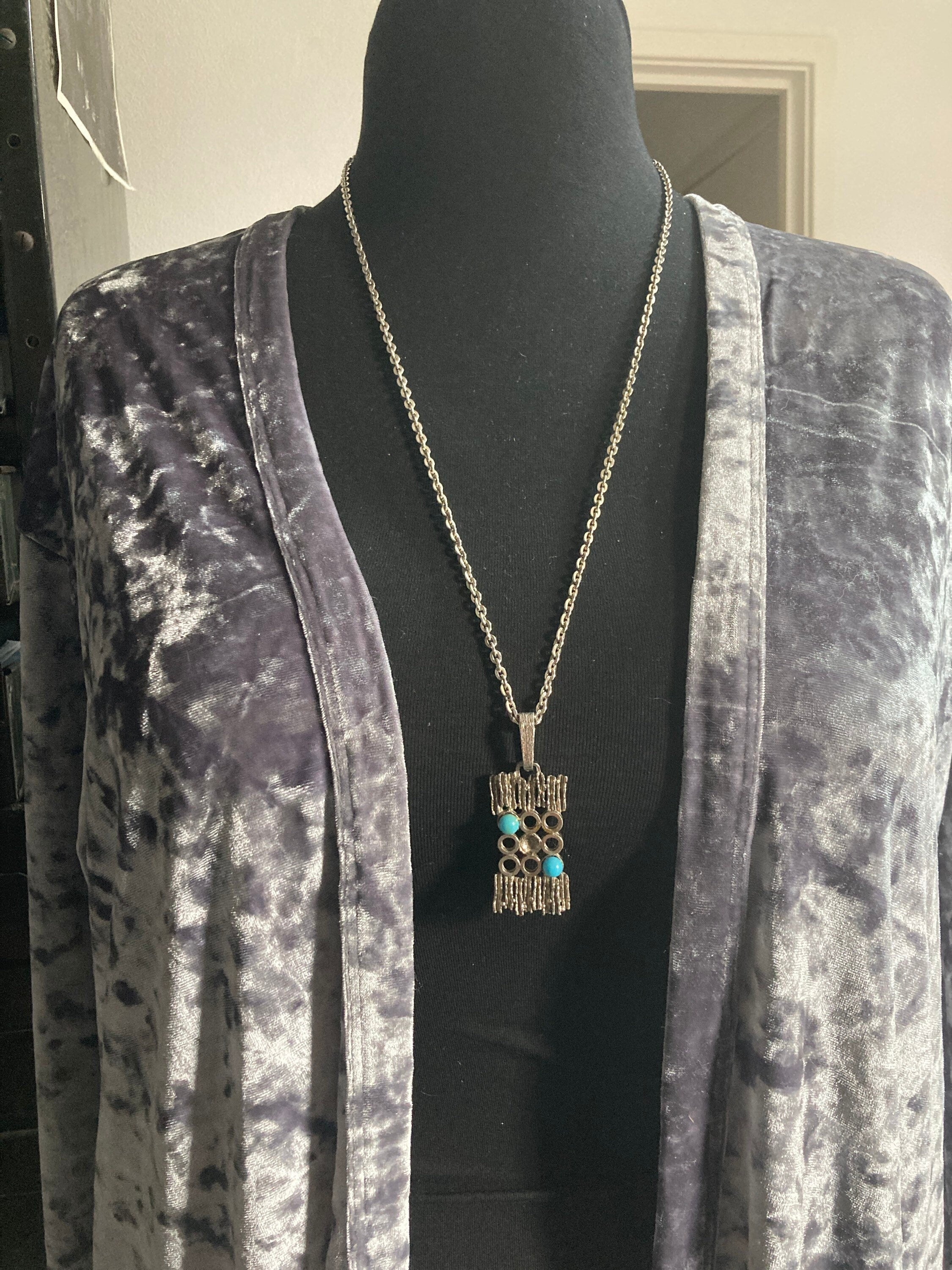geometric steel abstract brutalist pendant turquoise blue cabochons on 75cm silver lightweight chain