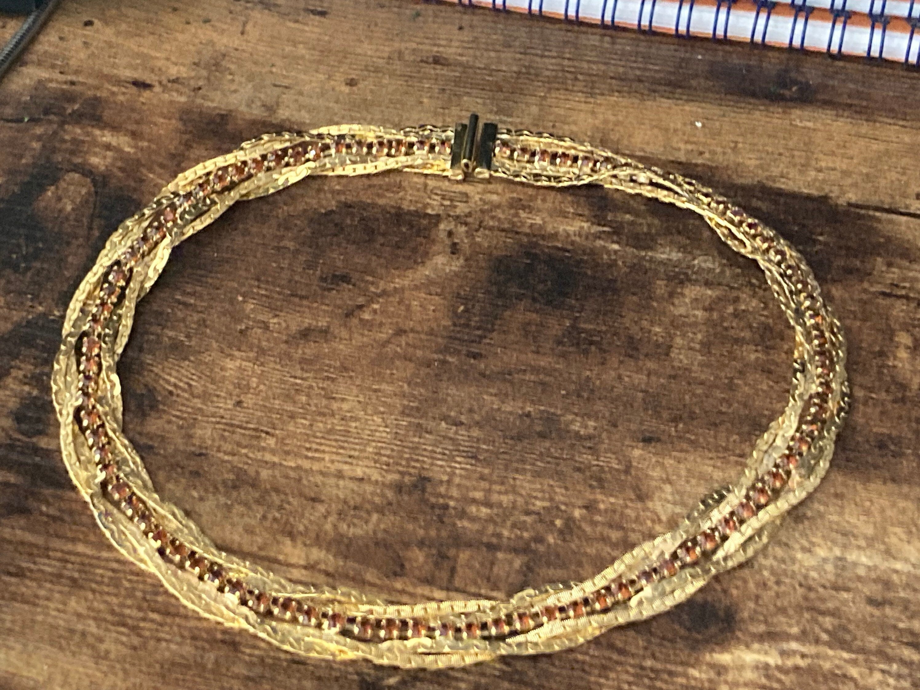 Vintage Brown cognac glass diamanté gold tone mesh knot necklace Vintage 40-45cm 1960s
