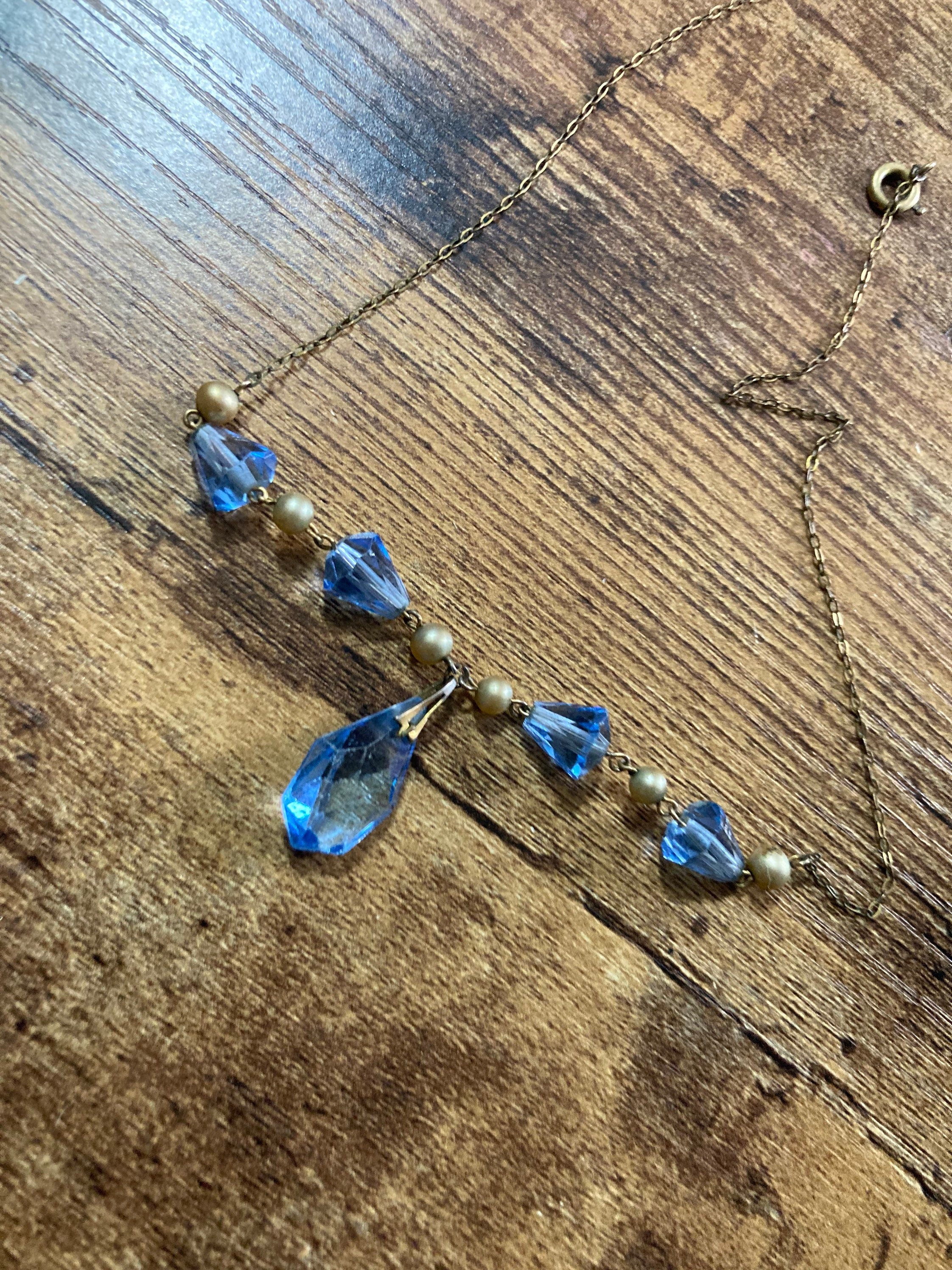 Art Deco Czech sapphire blue and clear crystal faux Pearl Necklace
