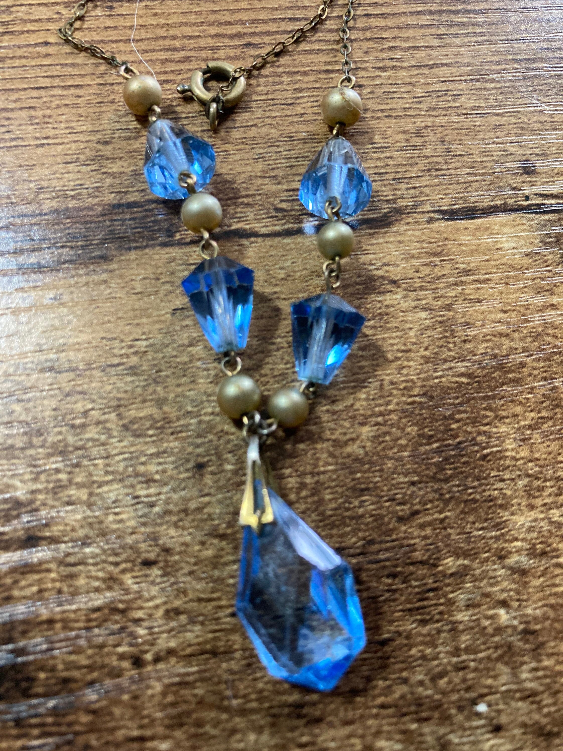 Art Deco Czech sapphire blue and clear crystal faux Pearl Necklace