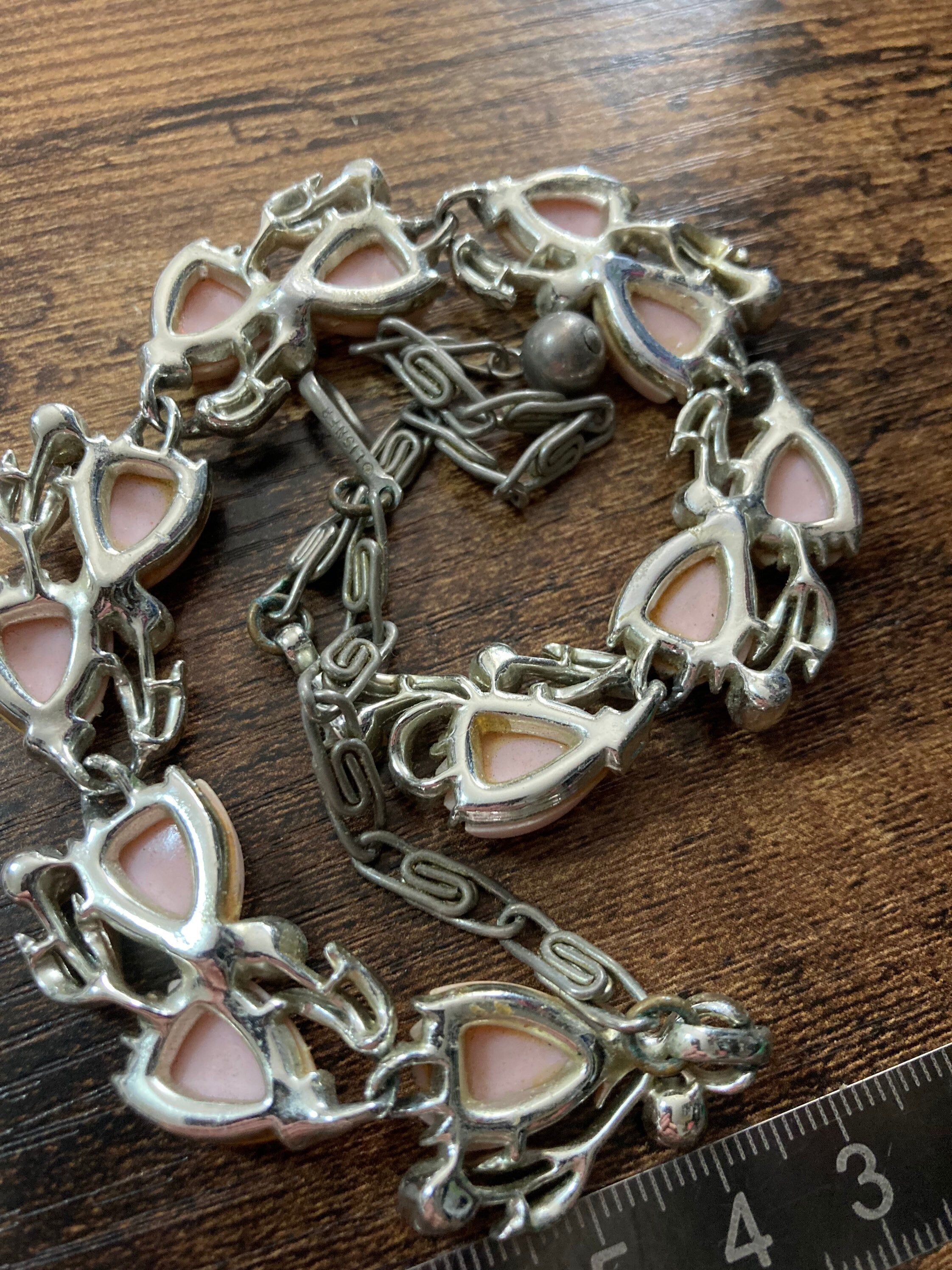 Signed LISNER silver pastel pink Diamanté floral choker necklace chain