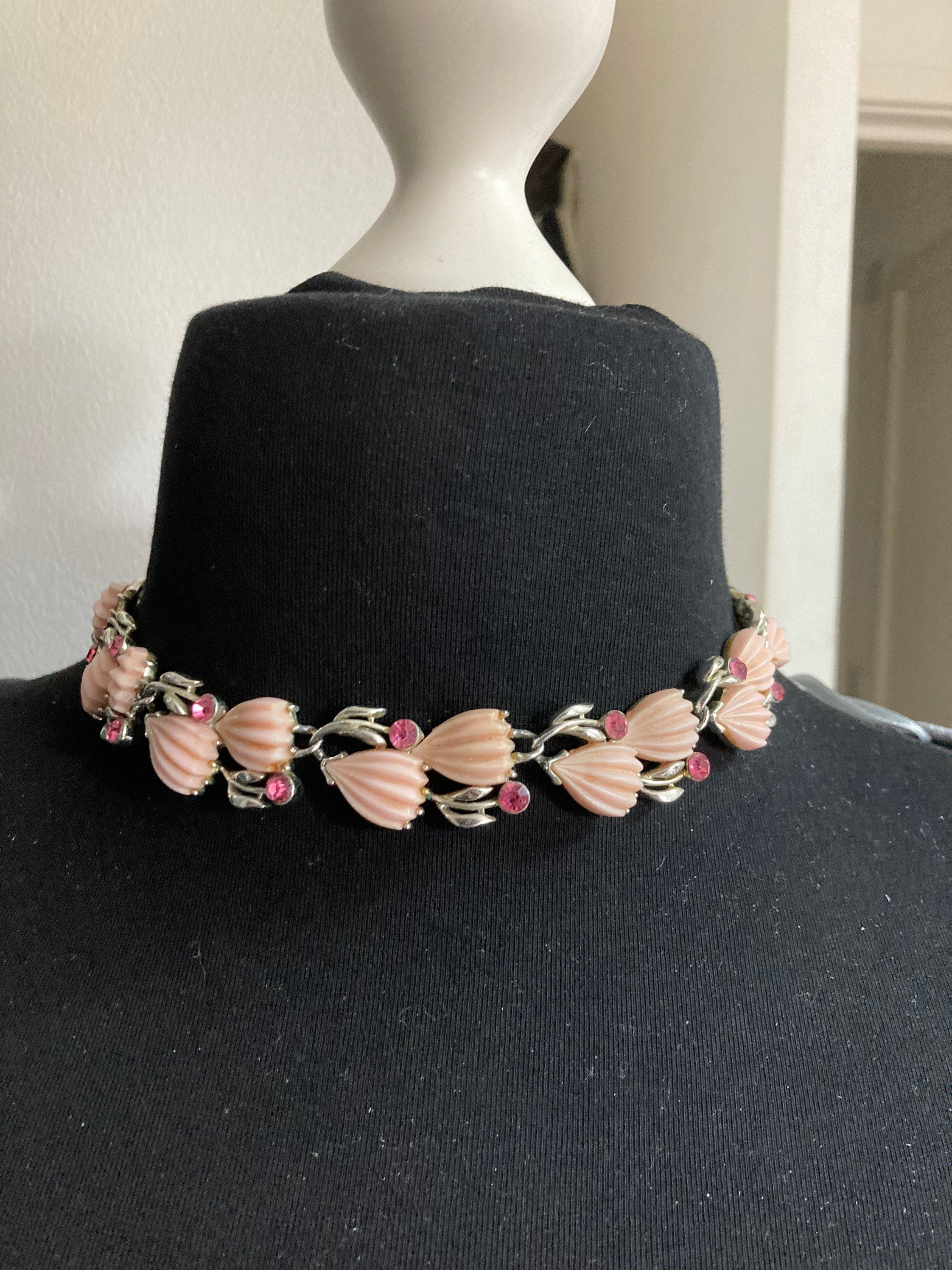 Signed LISNER silver pastel pink Diamanté floral choker necklace chain