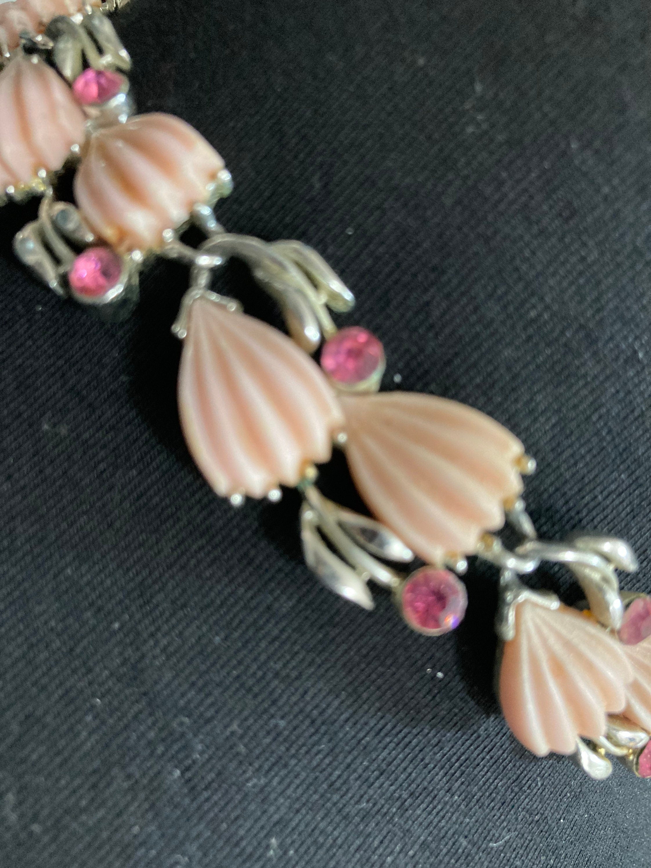 Signed LISNER silver pastel pink Diamanté floral choker necklace chain