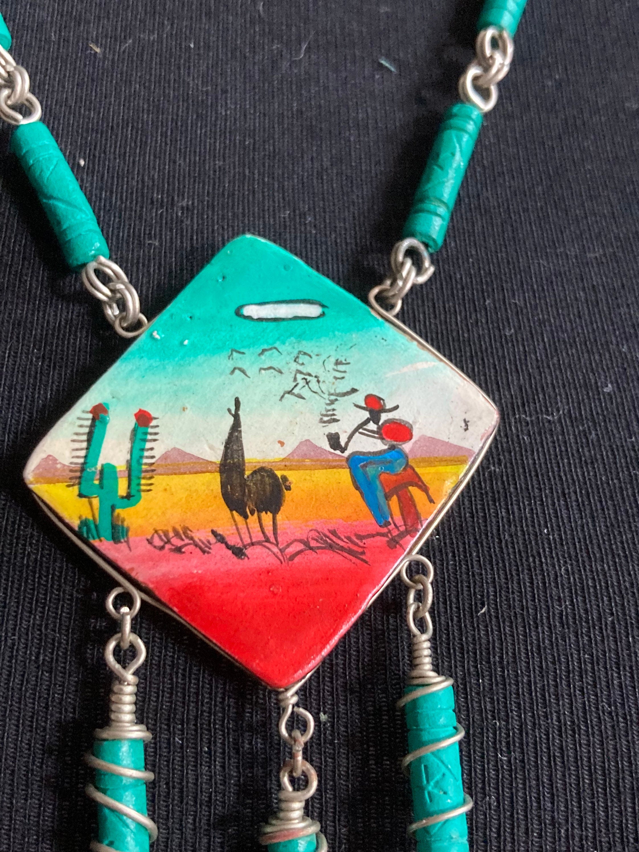 Vintage hand painted Egyptian wooden green beaded pendant necklace camel desert scene
