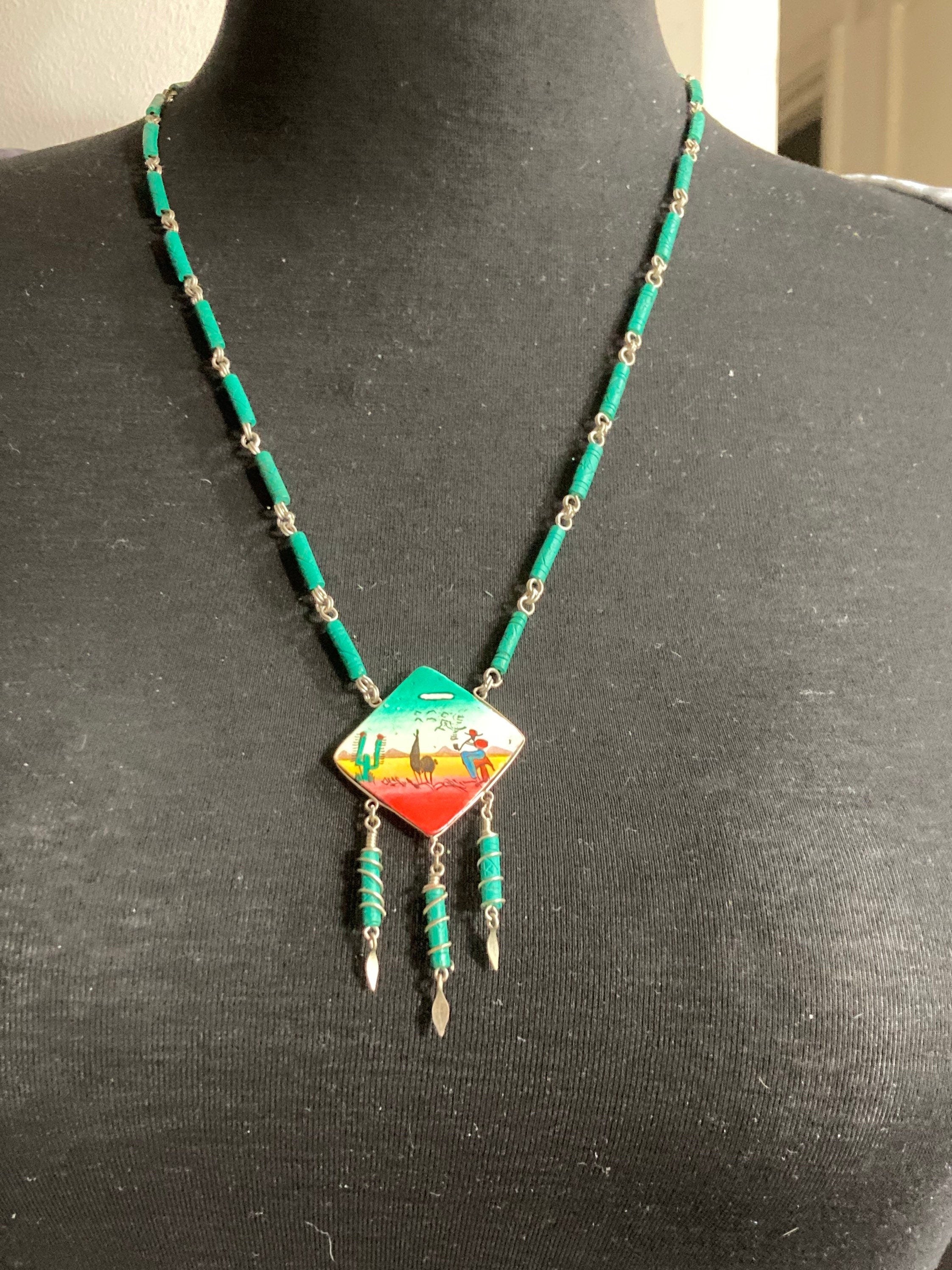 Vintage hand painted Egyptian wooden green beaded pendant necklace camel desert scene
