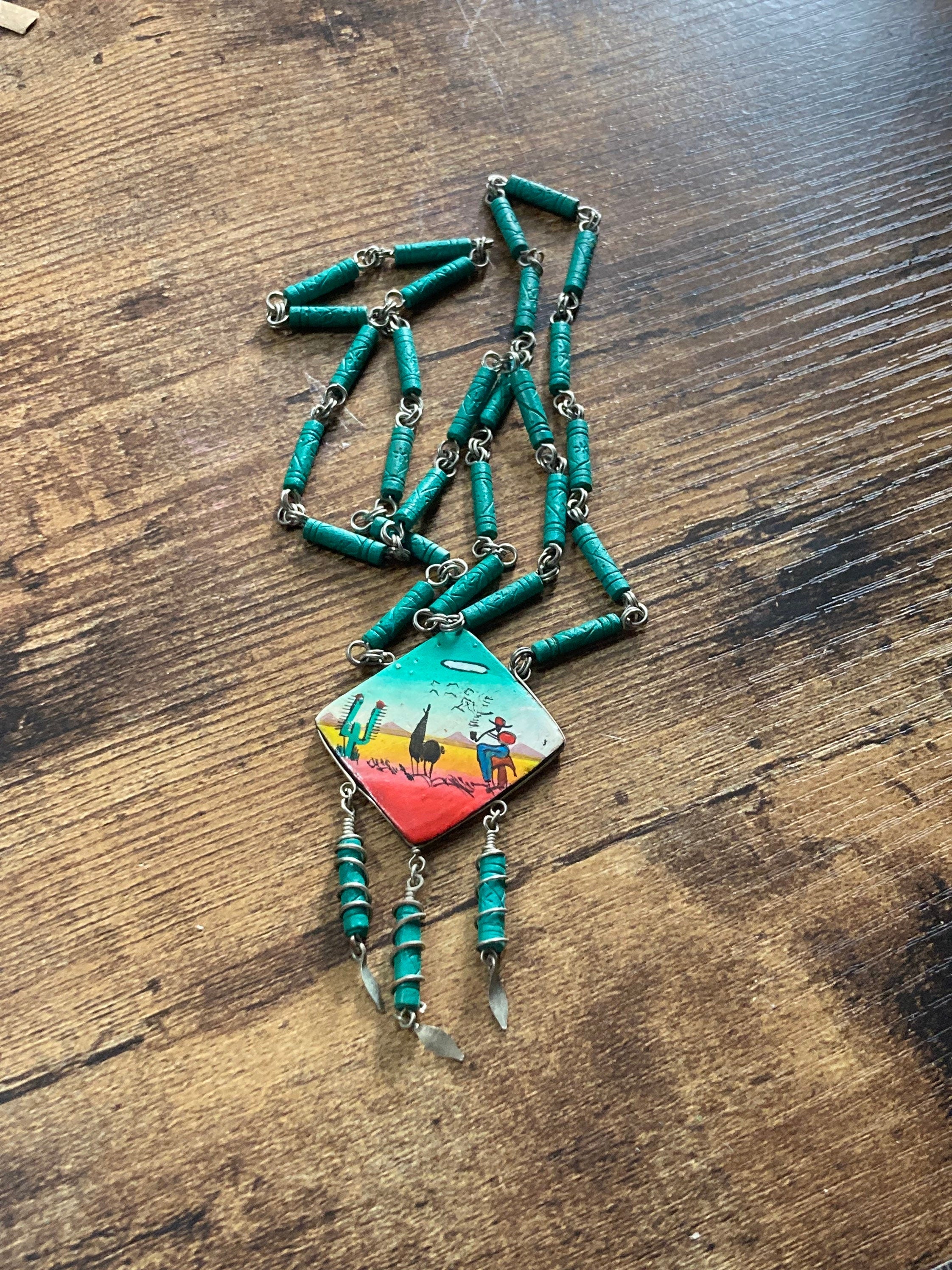 Vintage hand painted Egyptian wooden green beaded pendant necklace camel desert scene
