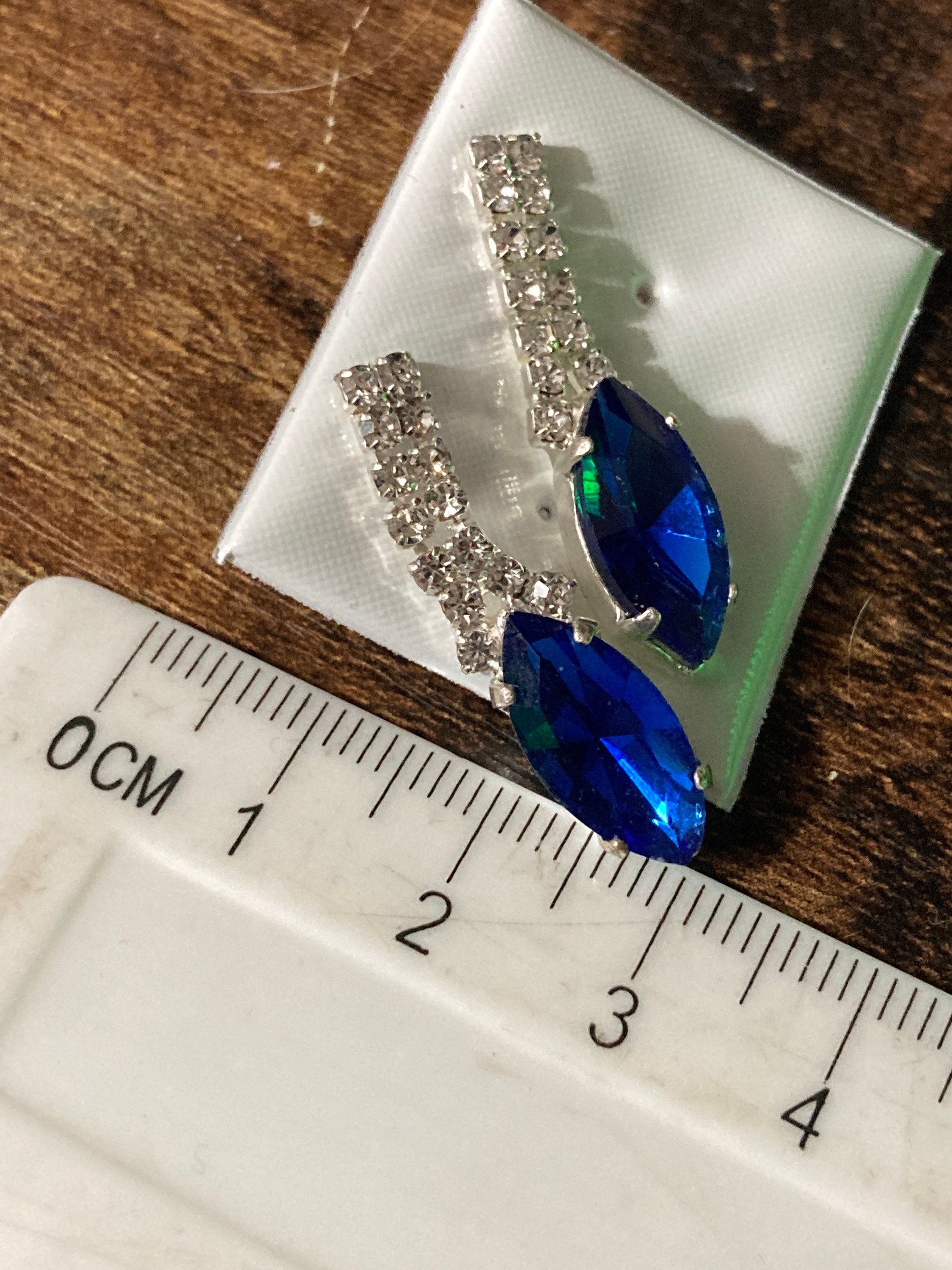 Retro diamanté earrings rhinestone bright sapphire blue and clear glass silver plated drop pierced