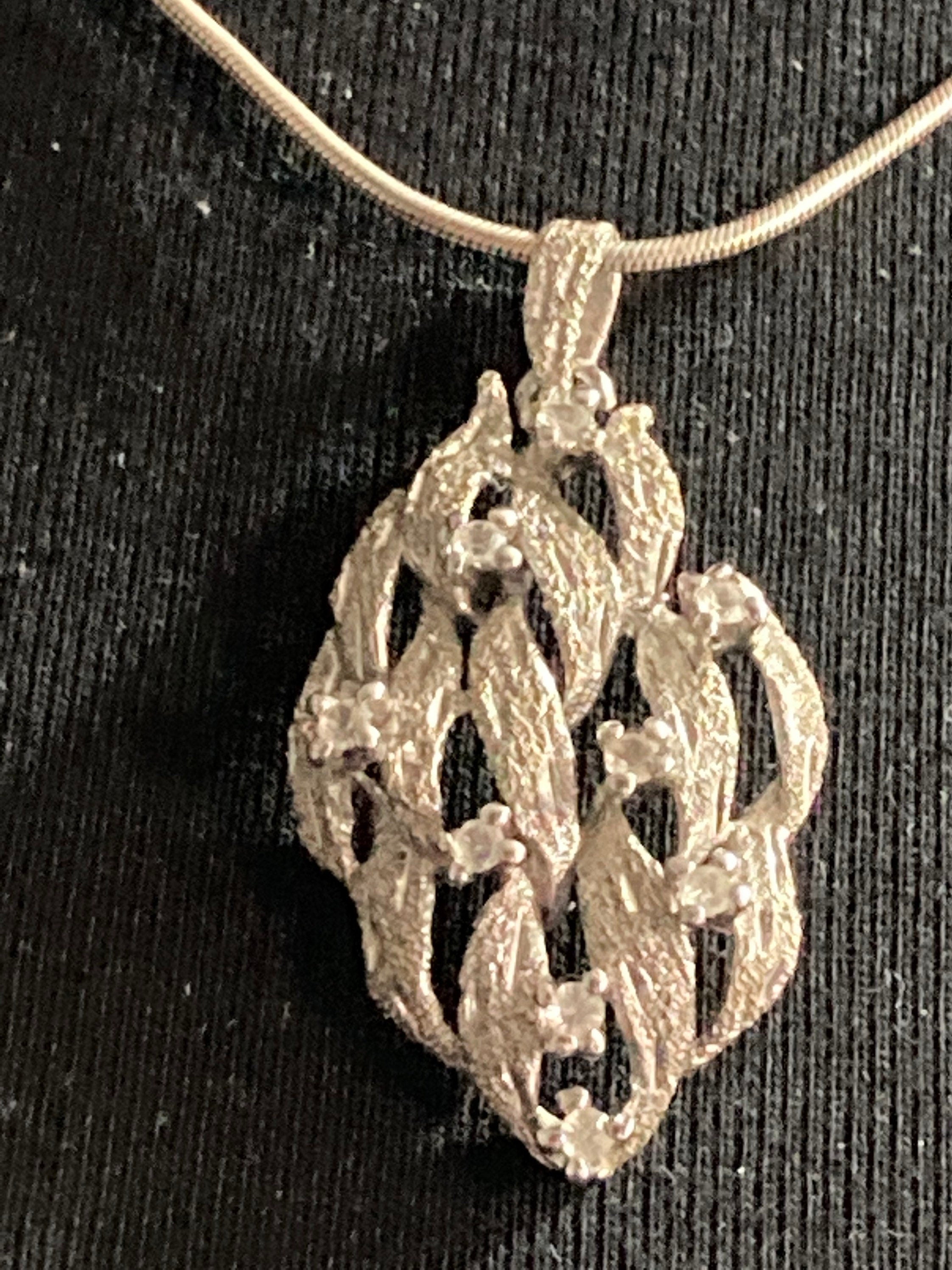 silver abstract bark pendant diamanté Modernist necklace 4cm 925
