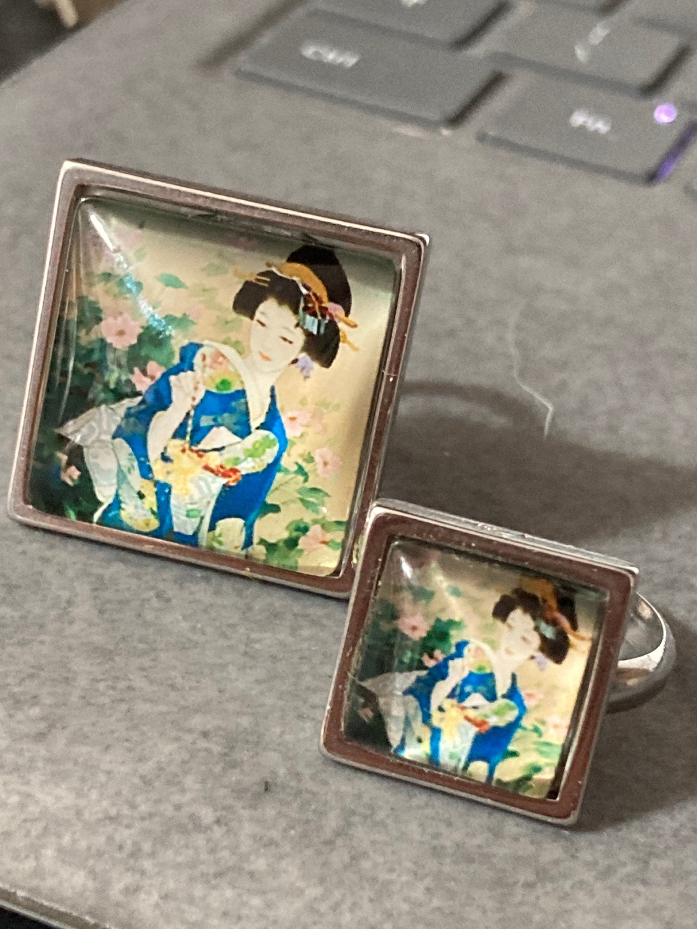 Japanese geisha girl ring adjustable blue stainless steel