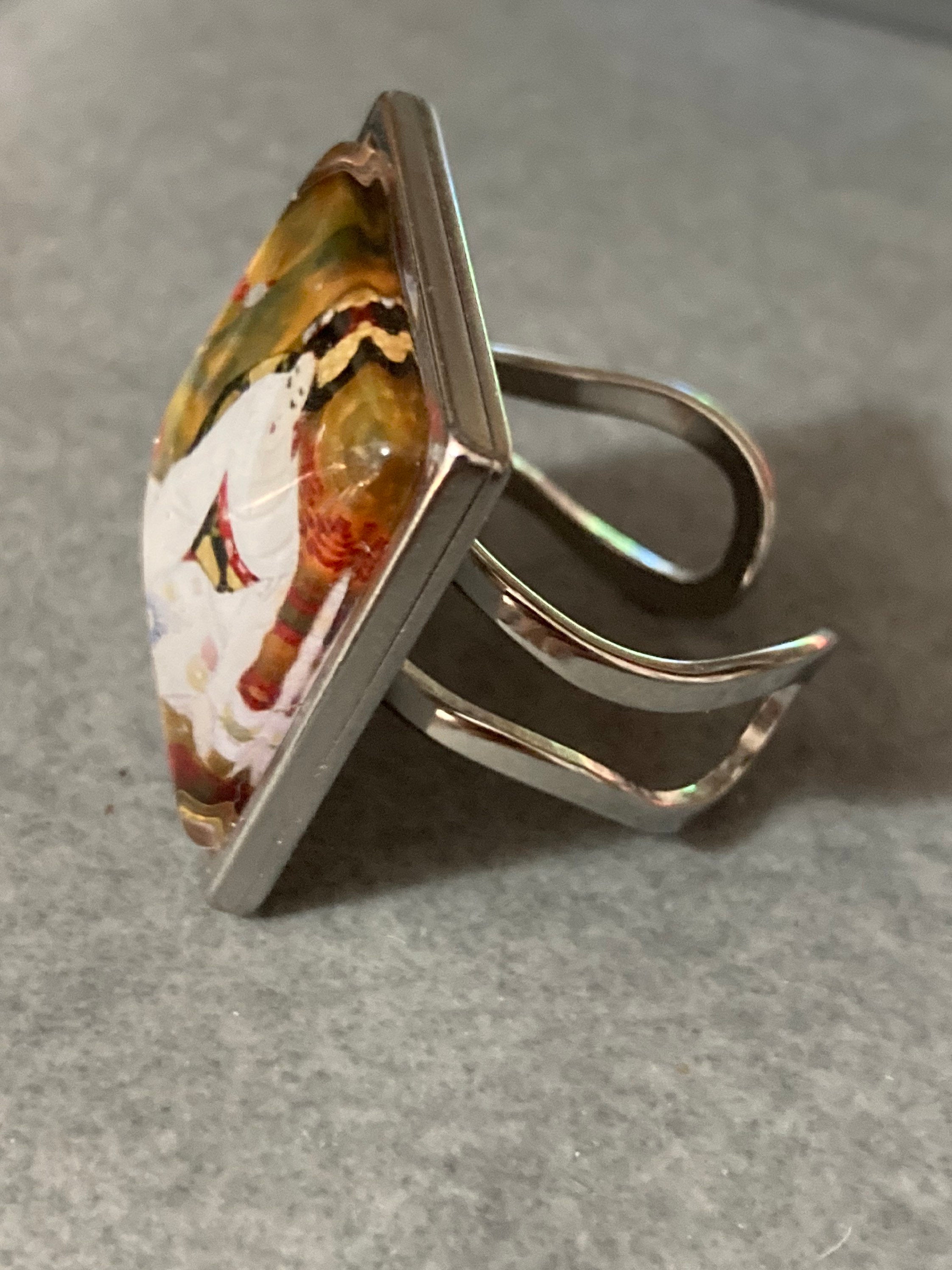 Oversized Stainless Steel Geisha Girl Ring: Modernist Glass Cabochon