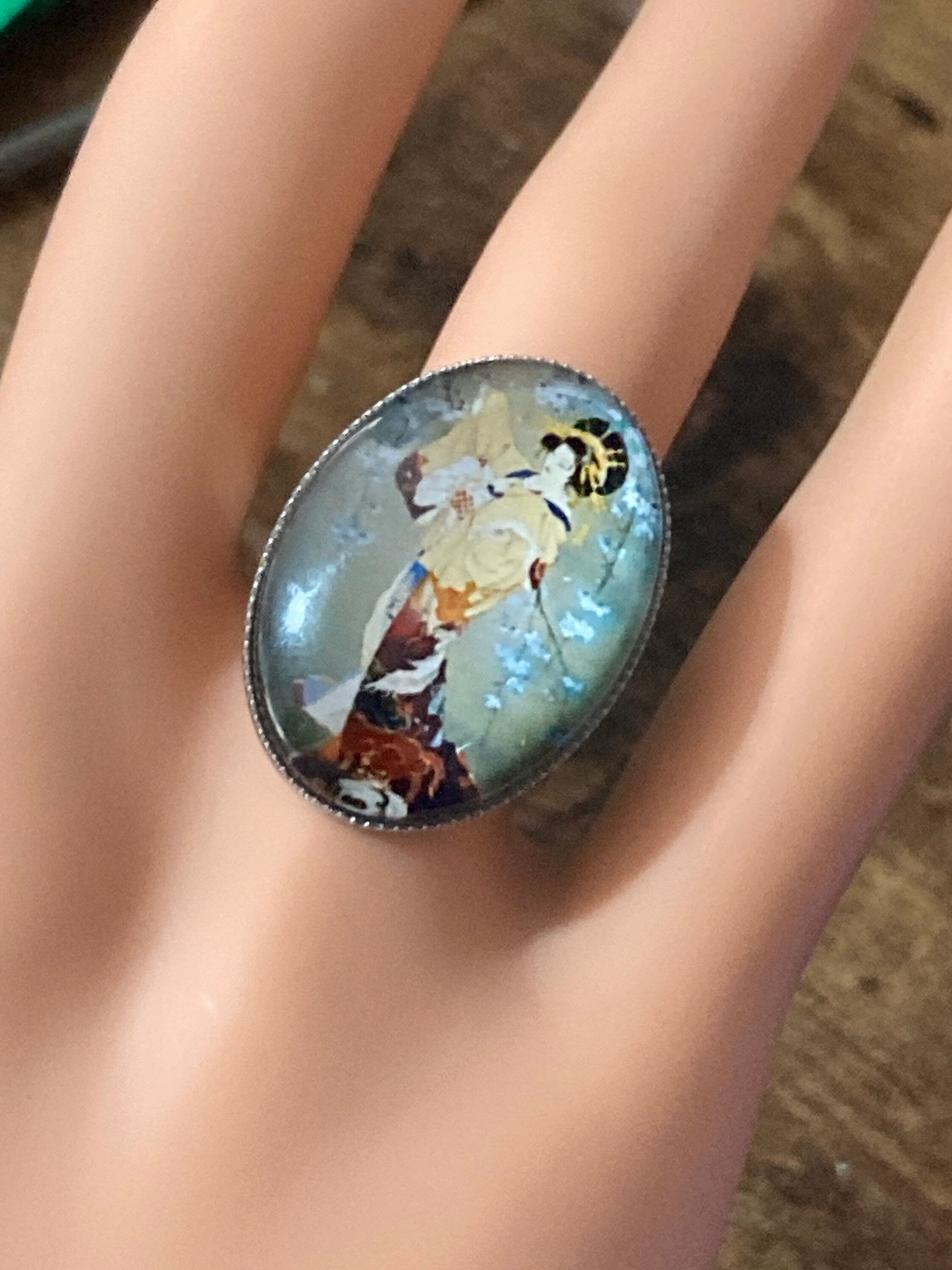 Japanese geisha girl ring oval glass cabochon ring adjustable handmade