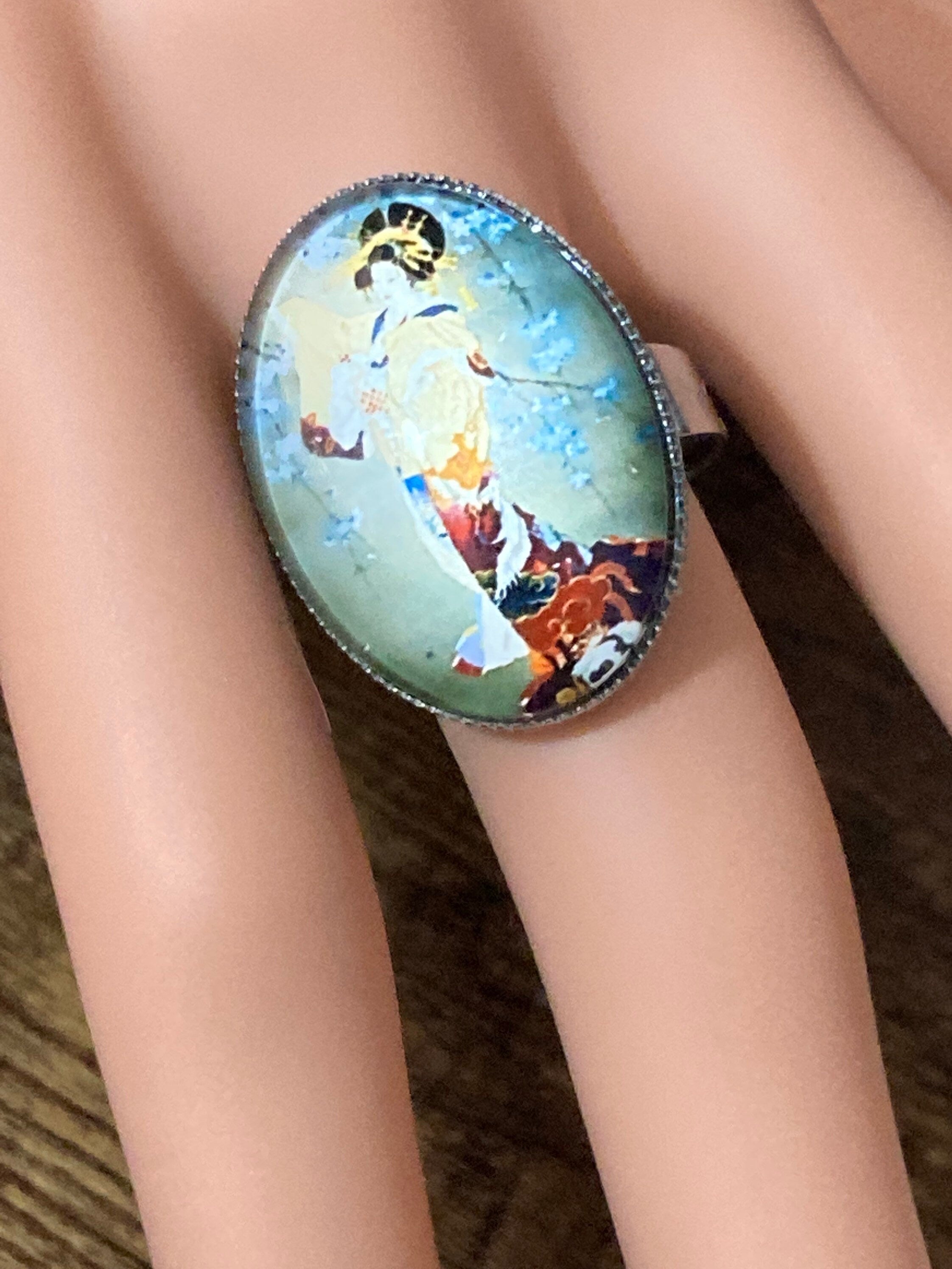 Japanese geisha girl ring oval glass cabochon ring adjustable handmade