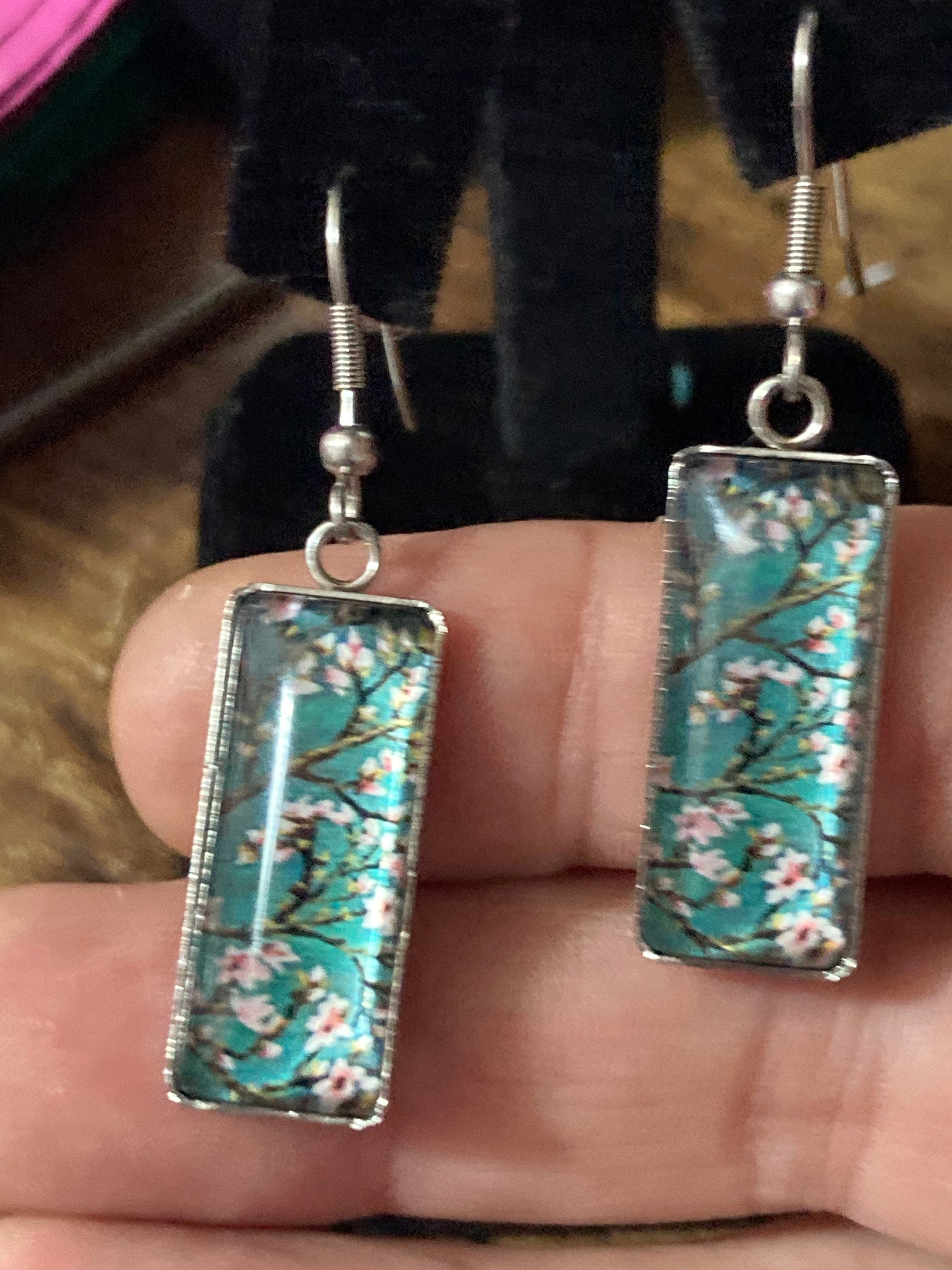 Japanese cherry blossom green glass cabochon dangly drop pair of earrings