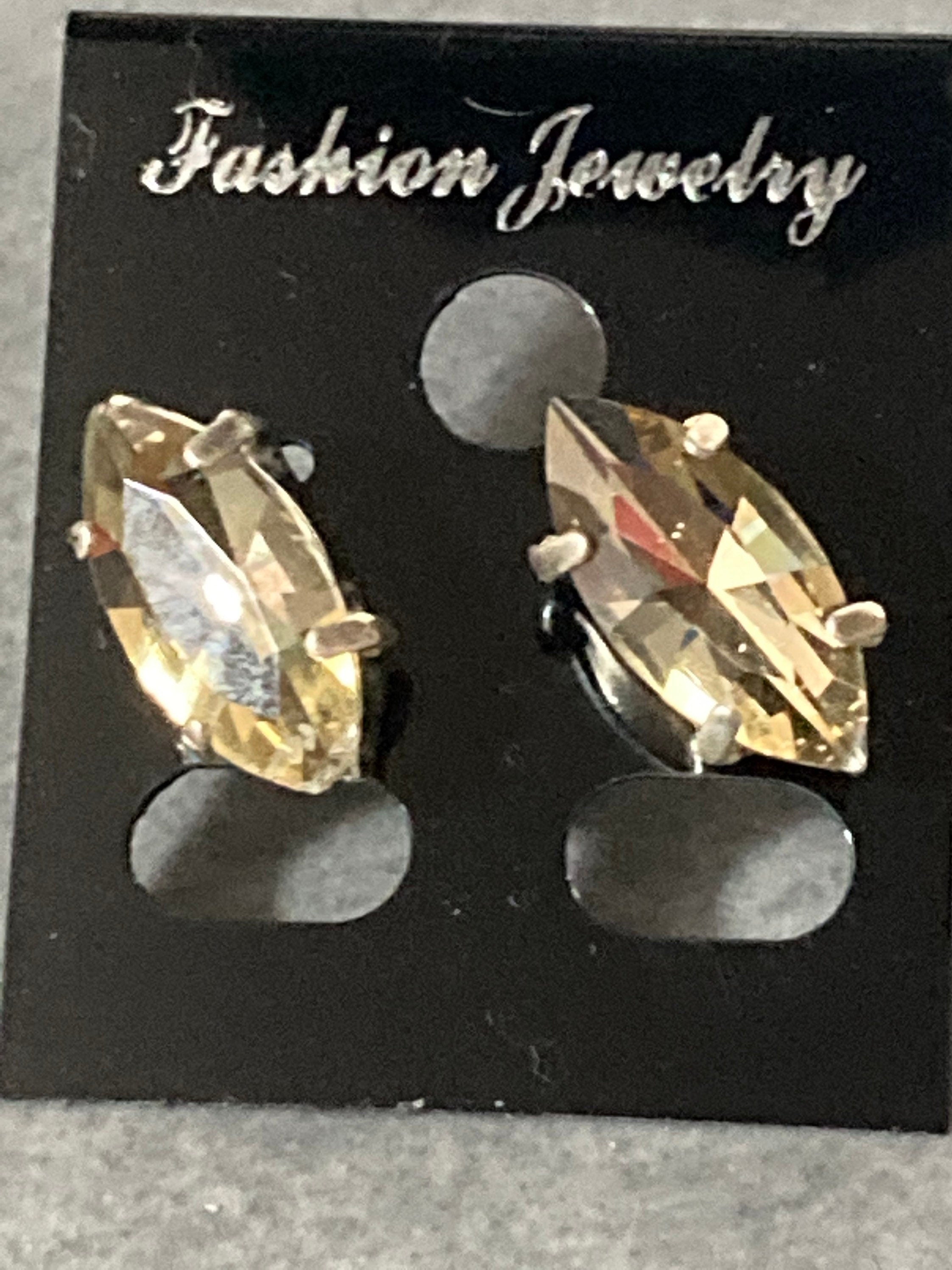 Citrine Topaz glass diamanté navette crystal earrings pierced 15mm